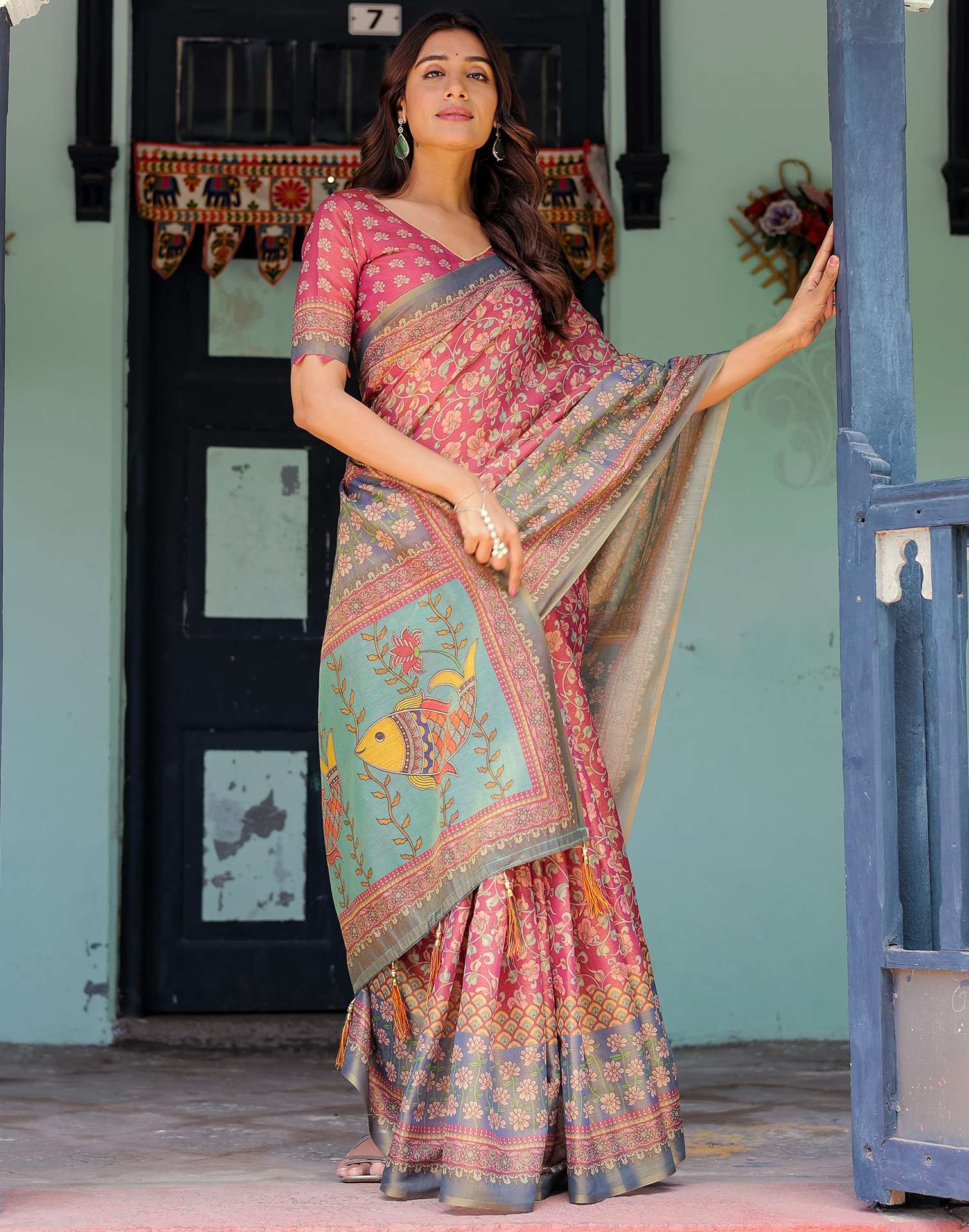 Dusky Red Shimmer Silk Printed Saree
