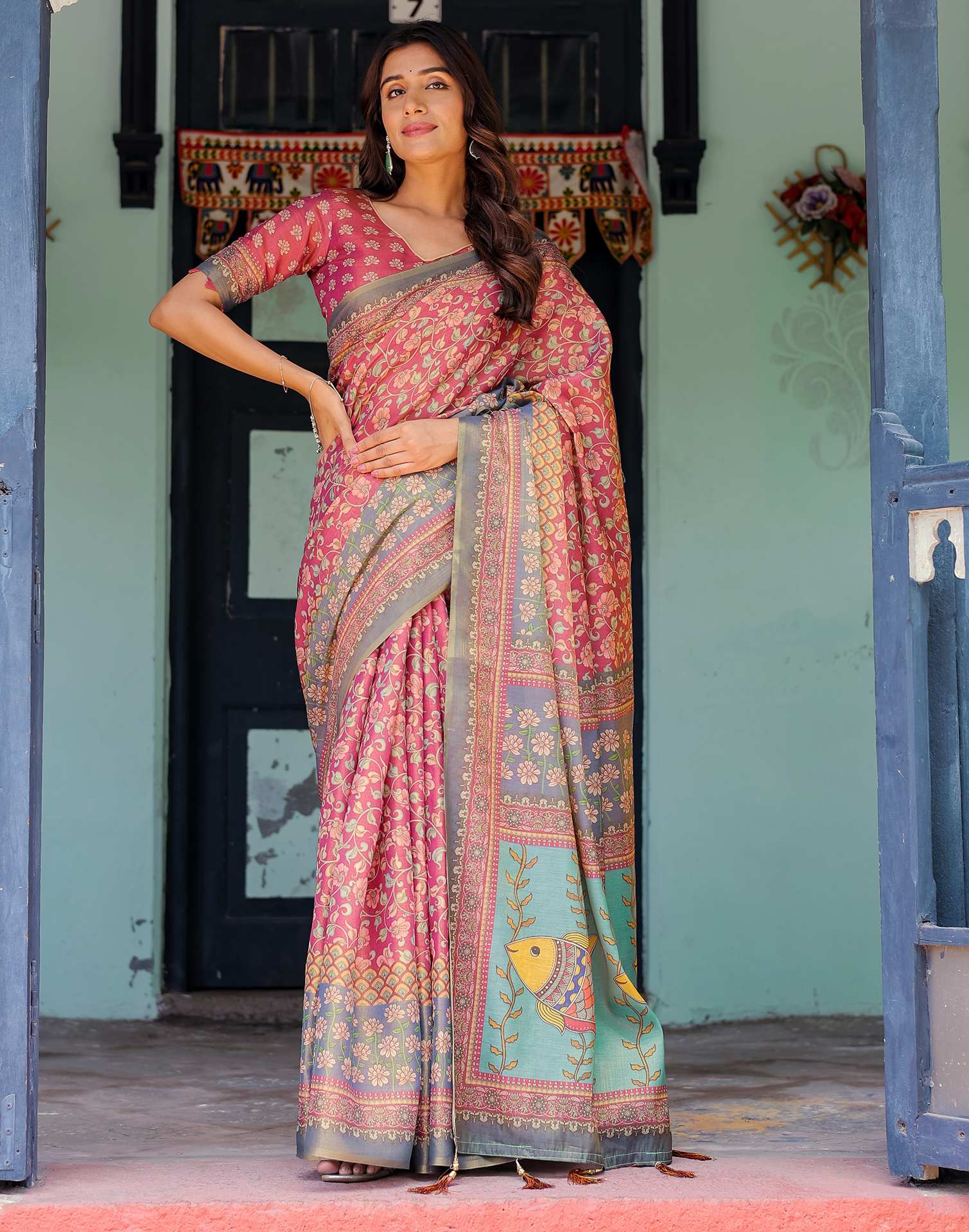 Dusky Red Shimmer Silk Printed Saree