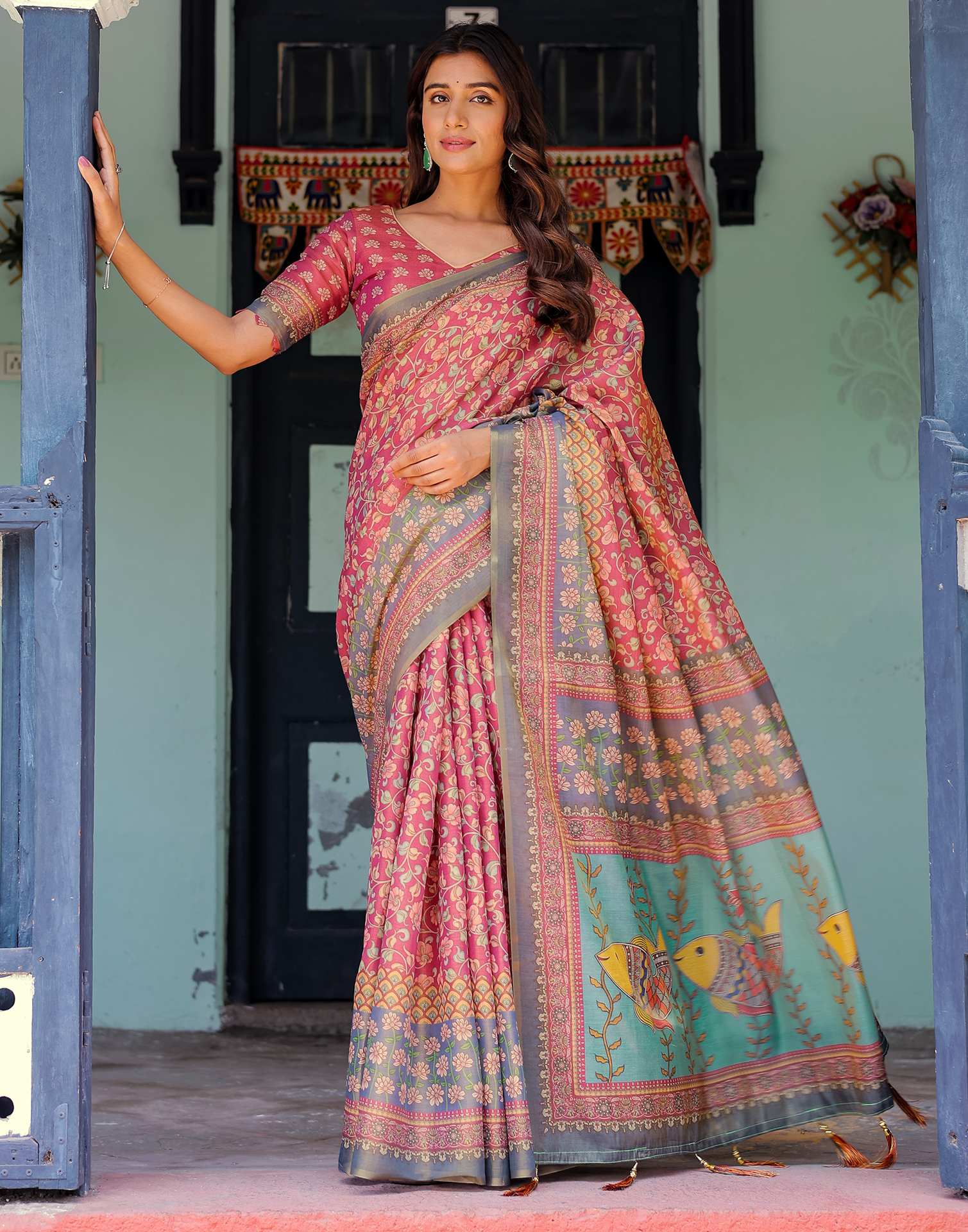 Dusky Red Shimmer Silk Printed Saree