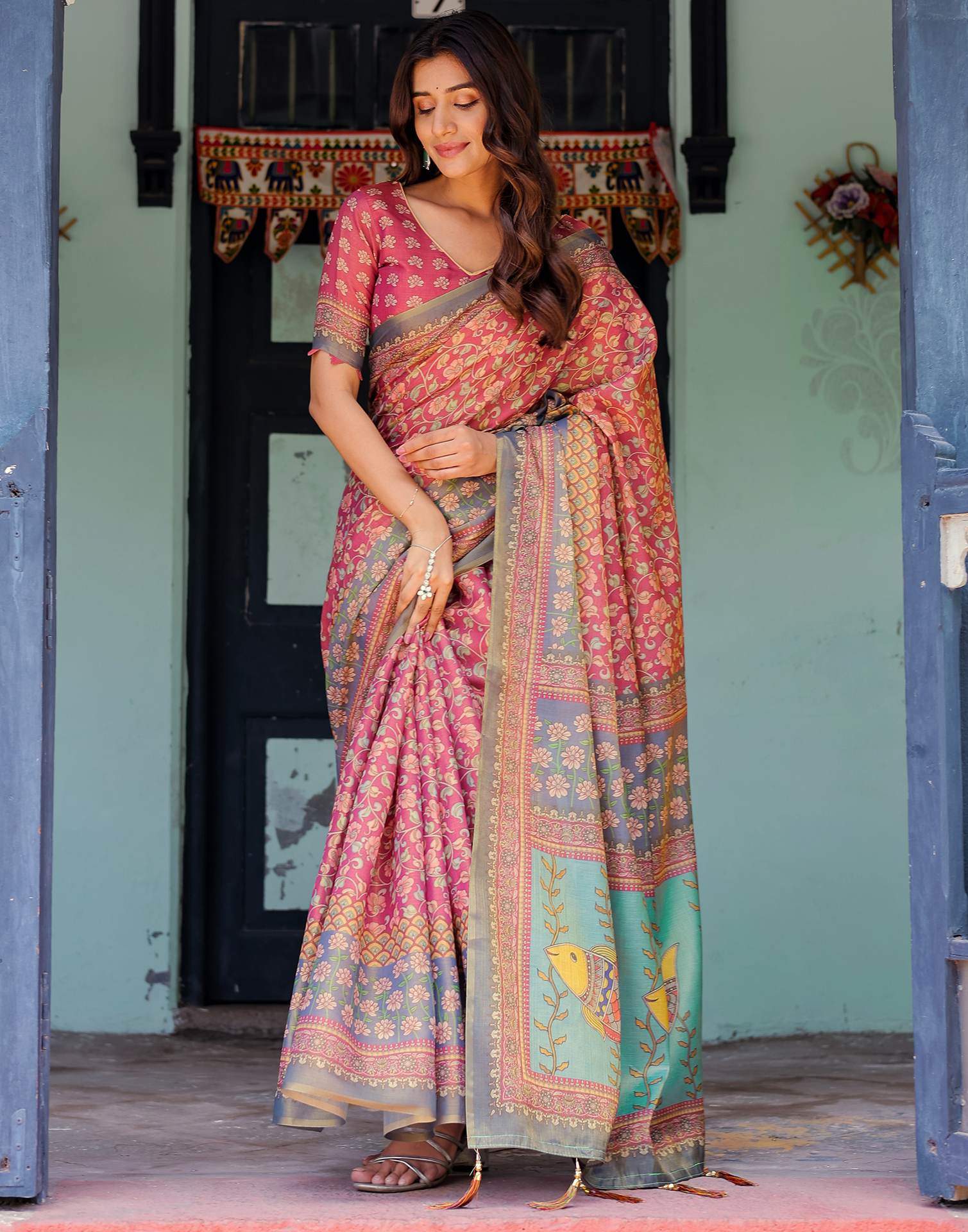 Dusky Red Shimmer Silk Printed Saree