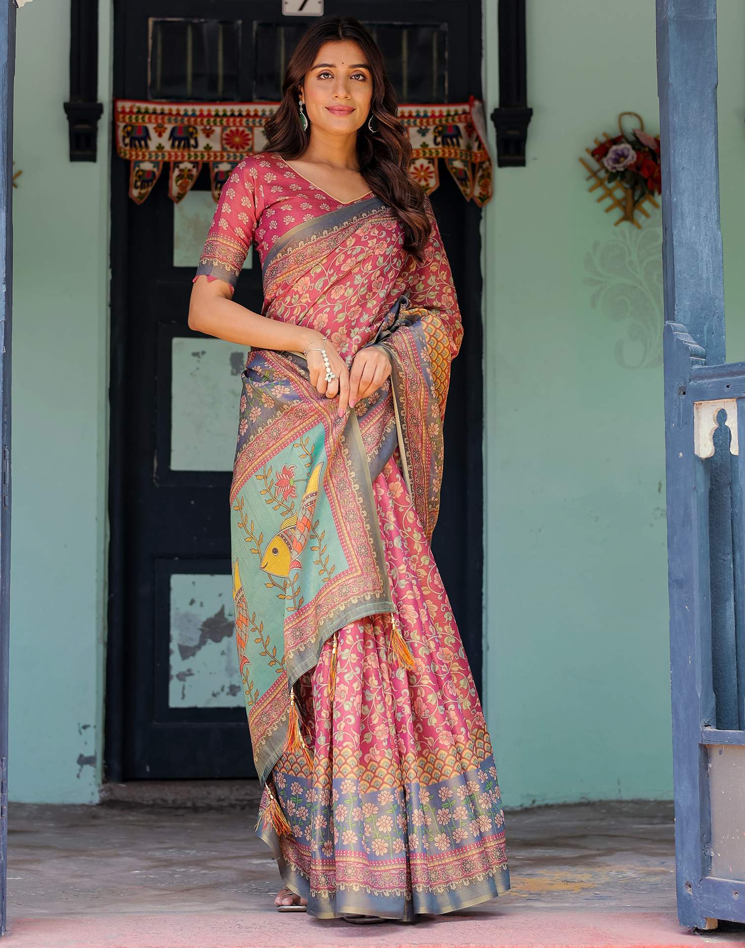 Dusky Red Shimmer Silk Printed Saree