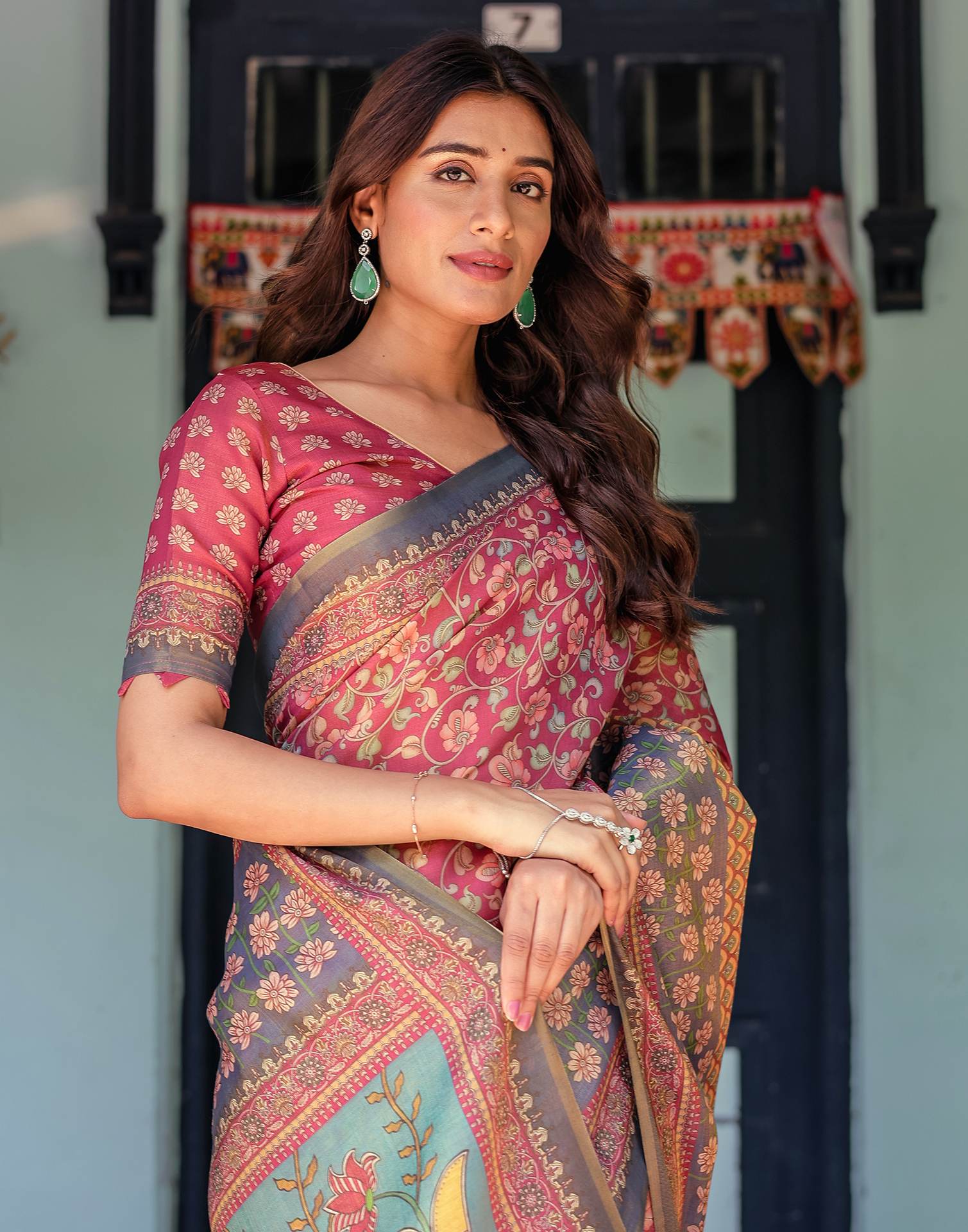 Dusky Red Shimmer Silk Printed Saree