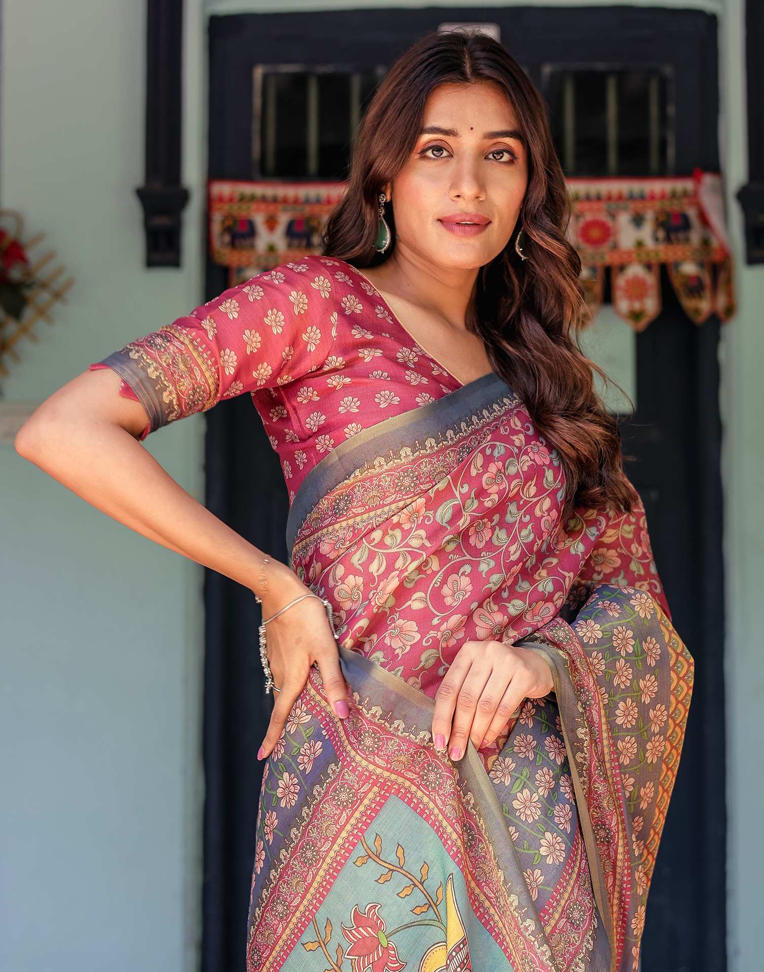 Dusky Red Shimmer Silk Printed Saree