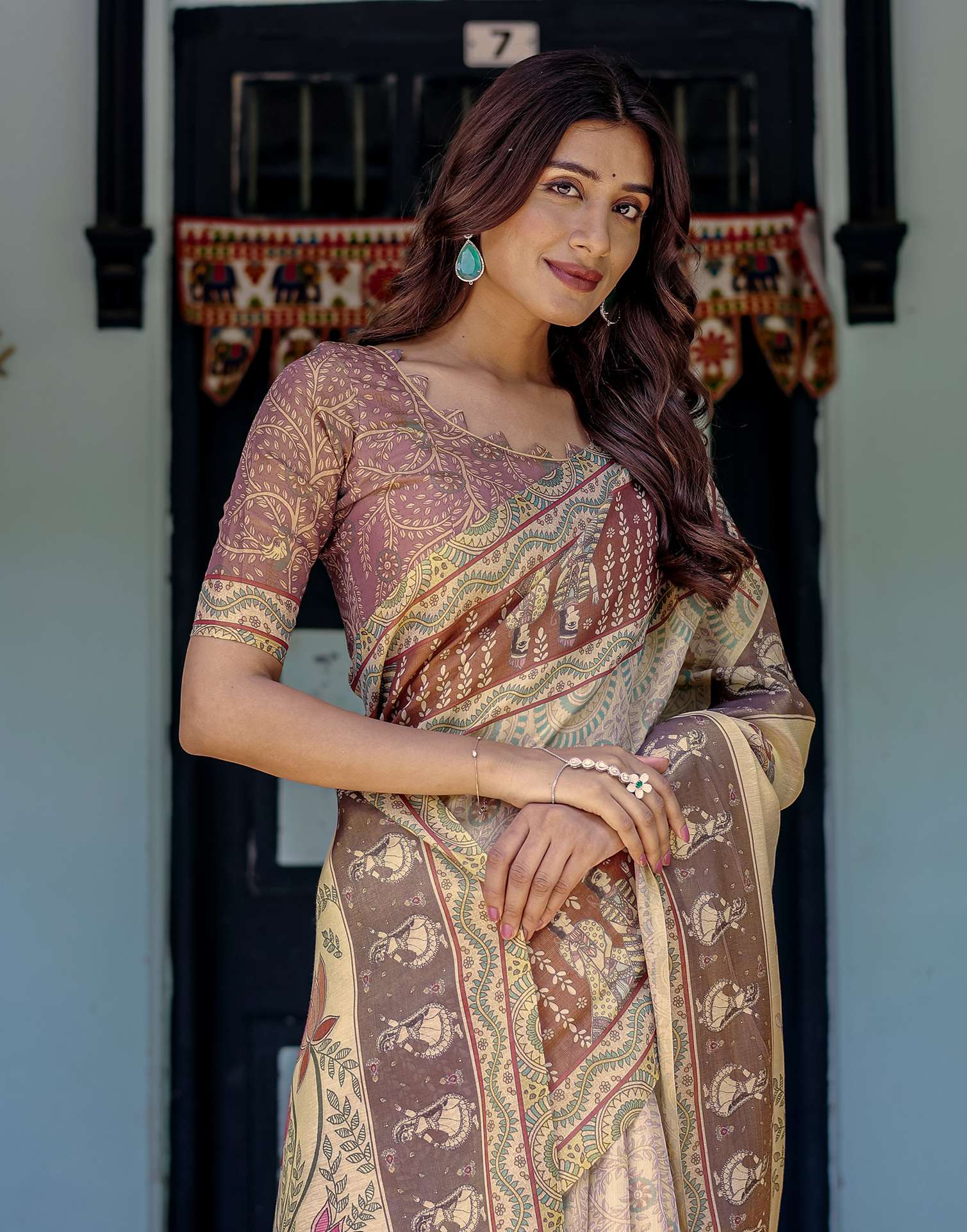 Beige Shimmer Silk Printed Saree