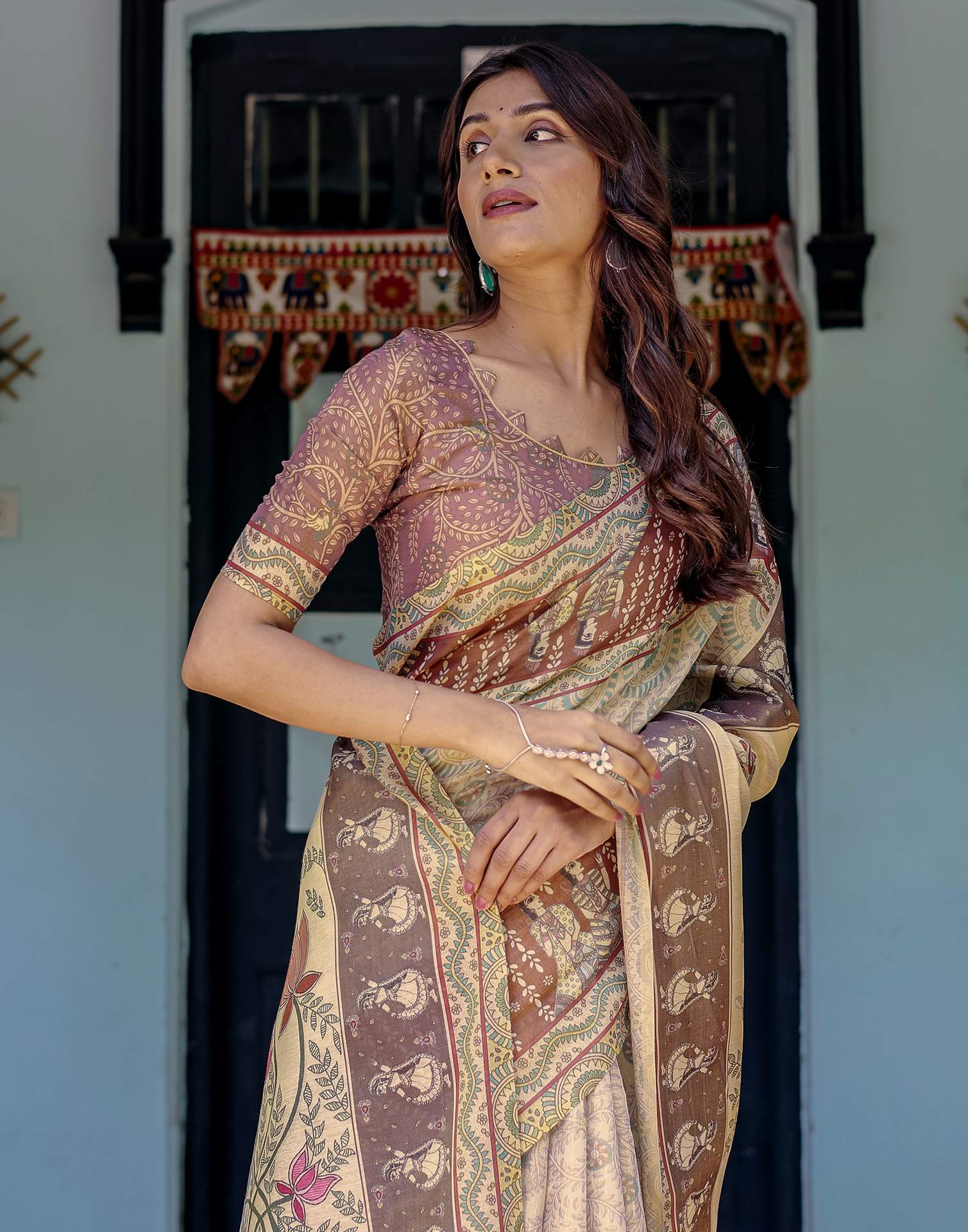 Beige Shimmer Silk Printed Saree