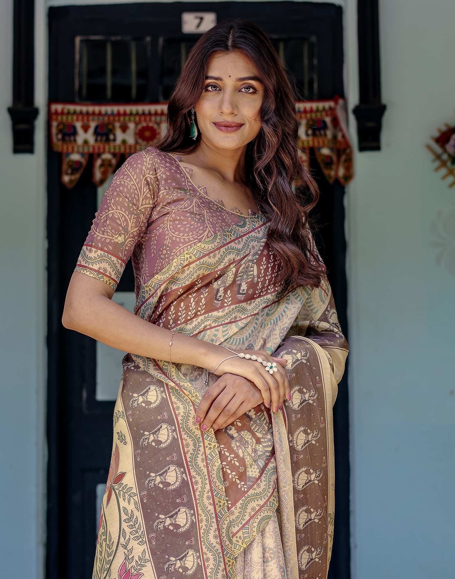 Beige Shimmer Silk Printed Saree