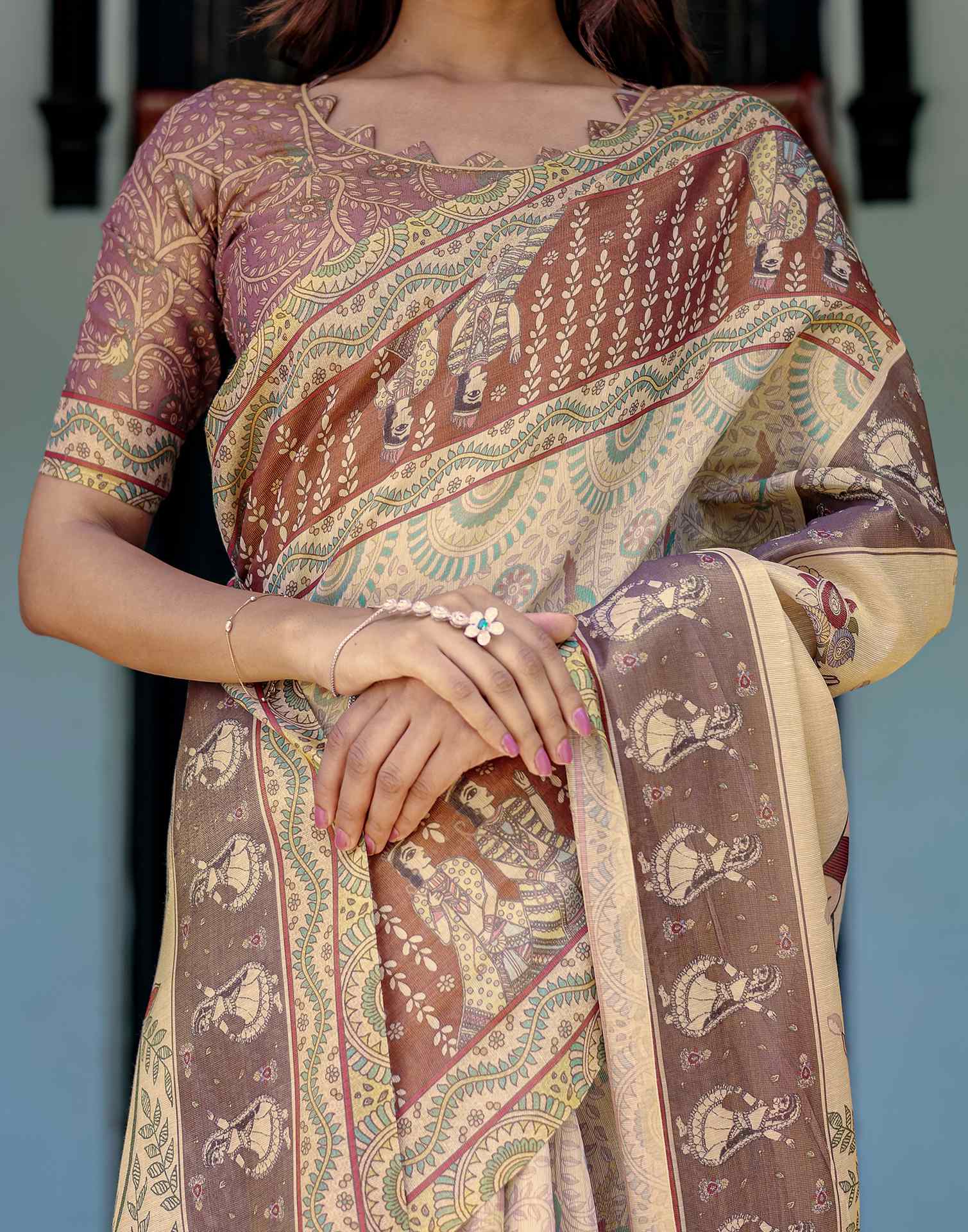 Beige Shimmer Silk Printed Saree