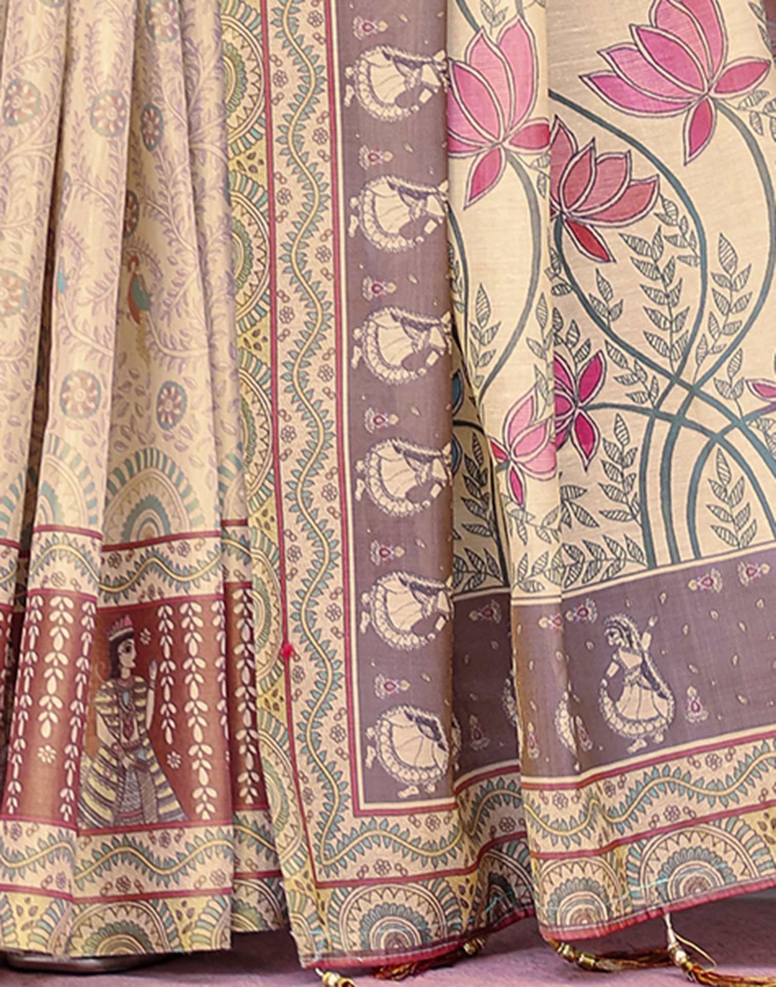 Beige Shimmer Silk Printed Saree