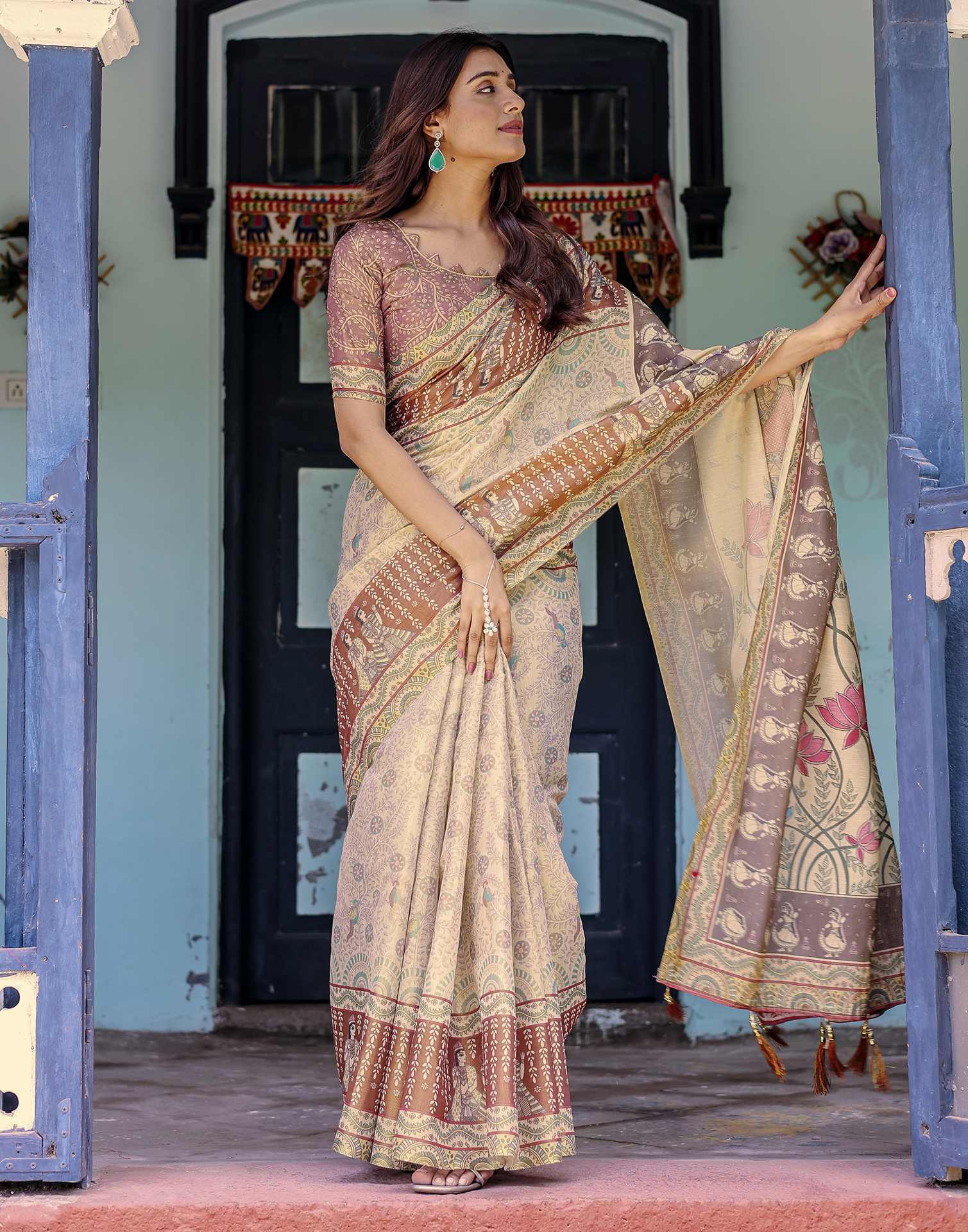 Beige Shimmer Silk Printed Saree