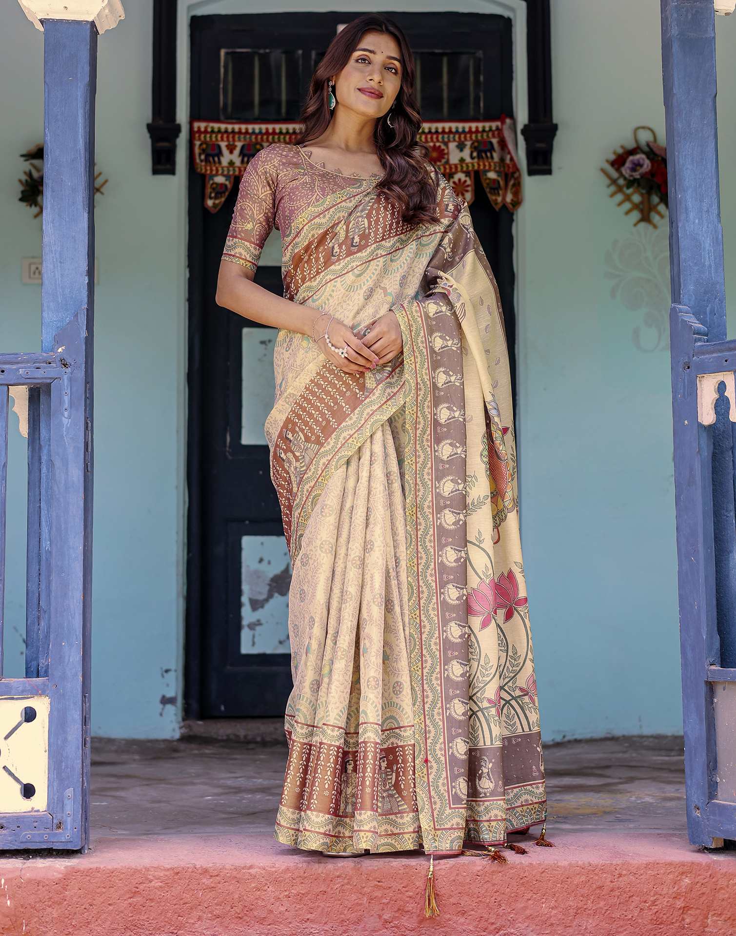 Beige Shimmer Silk Printed Saree