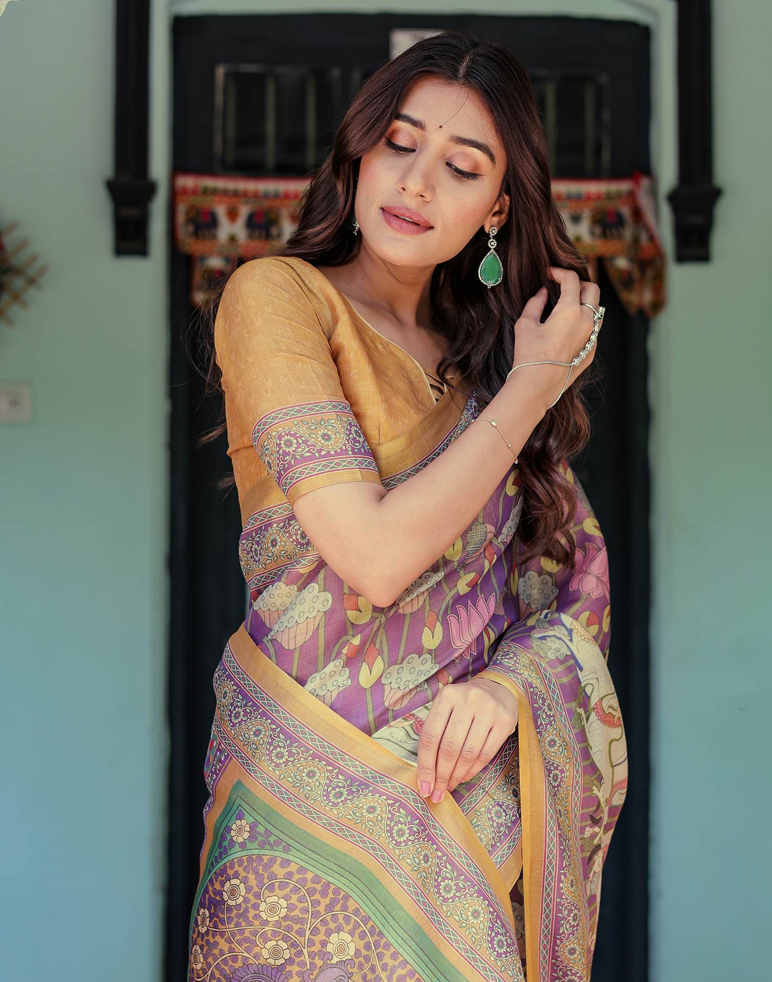 Purple Shimmer Silk Printed Kalamkari Saree