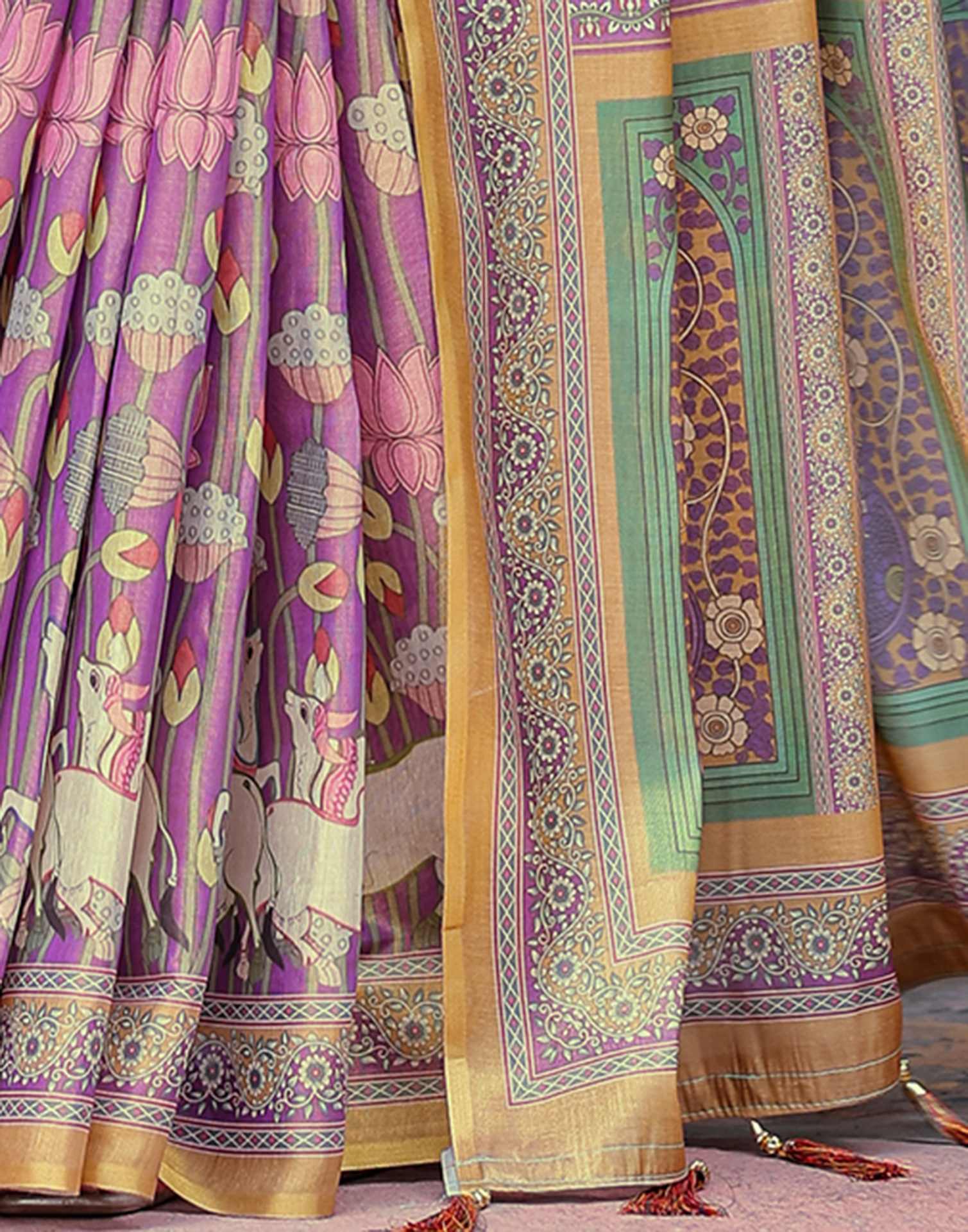 Purple Shimmer Silk Printed Kalamkari Saree
