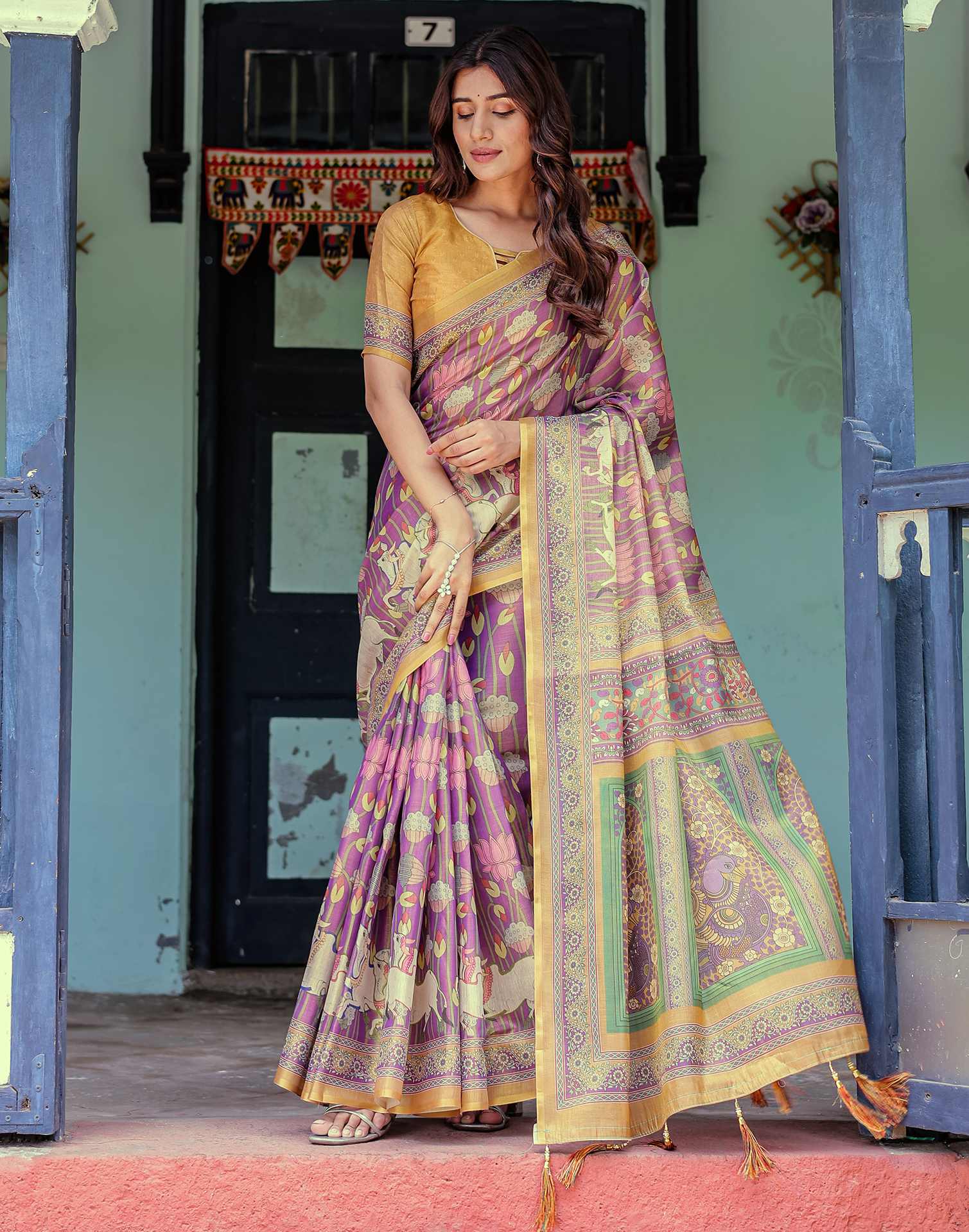 Purple Shimmer Silk Printed Kalamkari Saree
