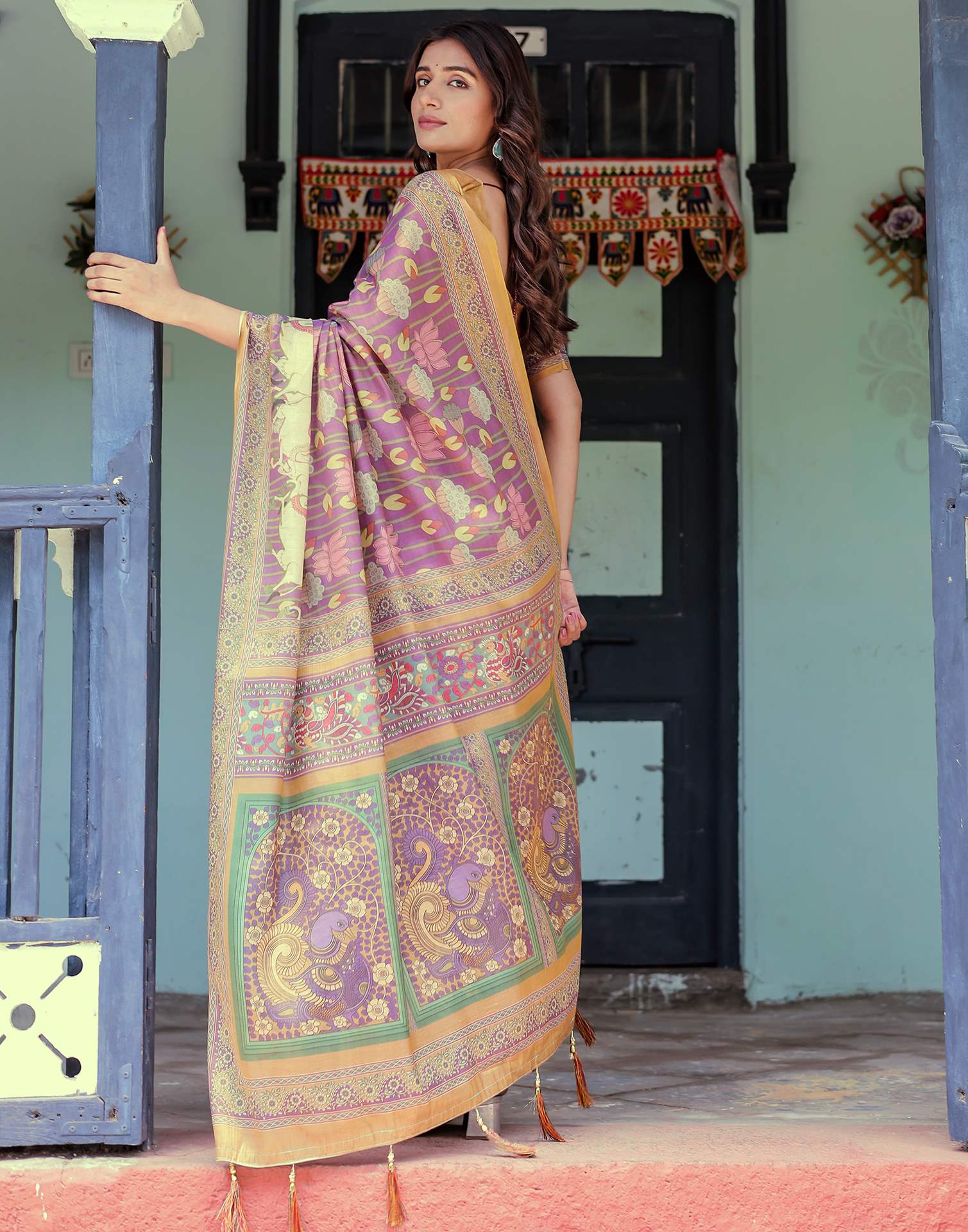 Purple Shimmer Silk Printed Kalamkari Saree