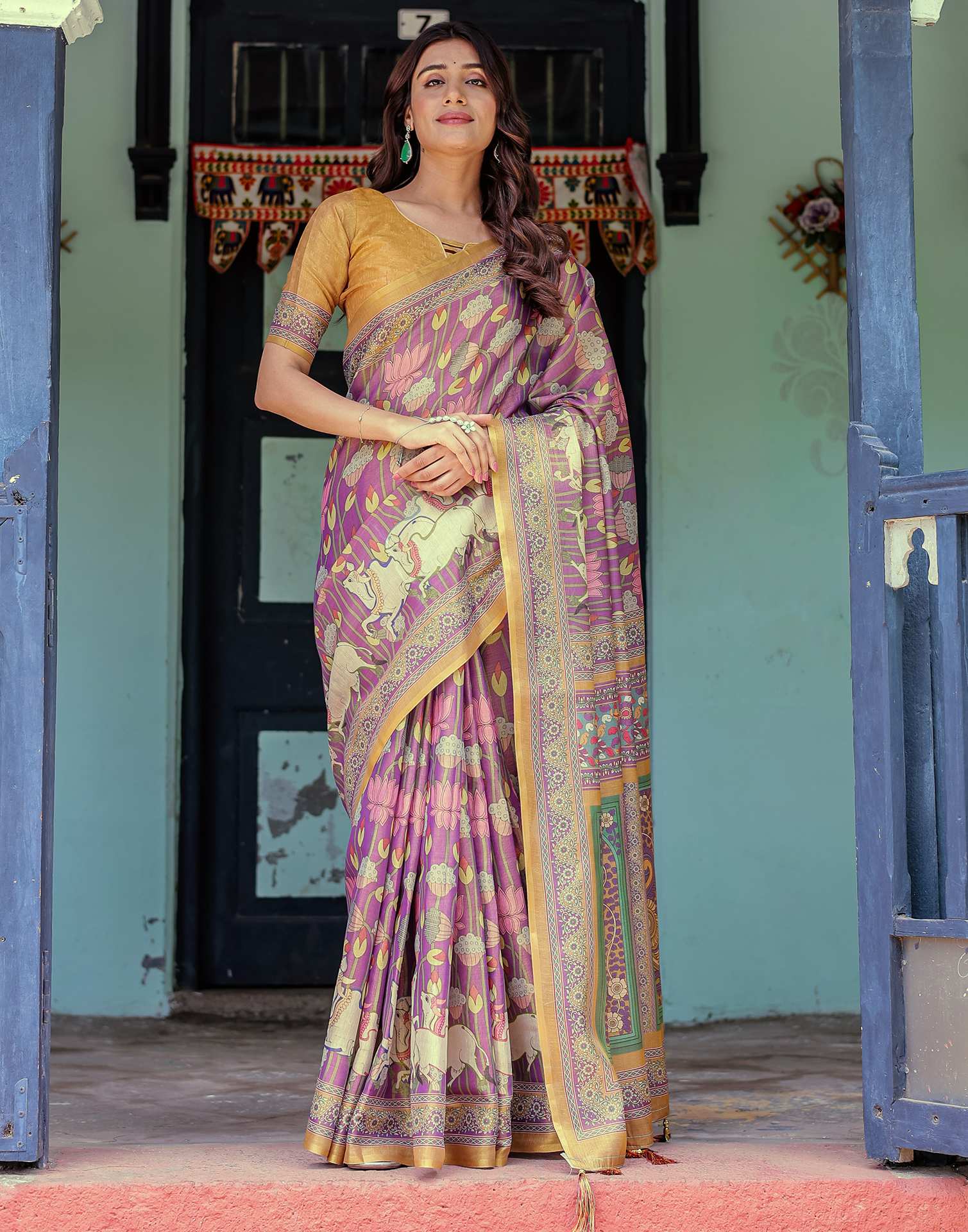 Purple Shimmer Silk Printed Kalamkari Saree