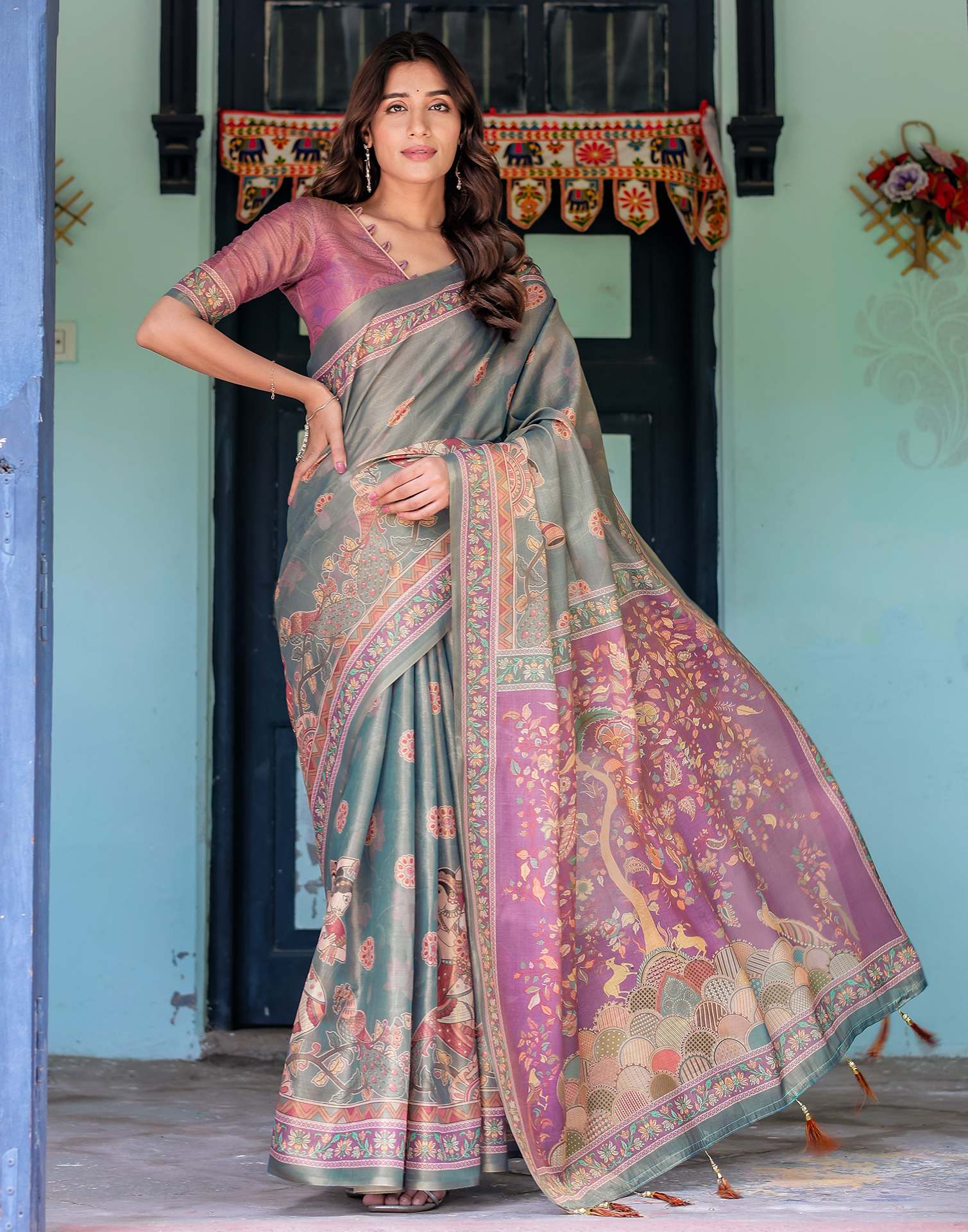 Teal Blue Shimmer Silk Printed Kalamkari Saree
