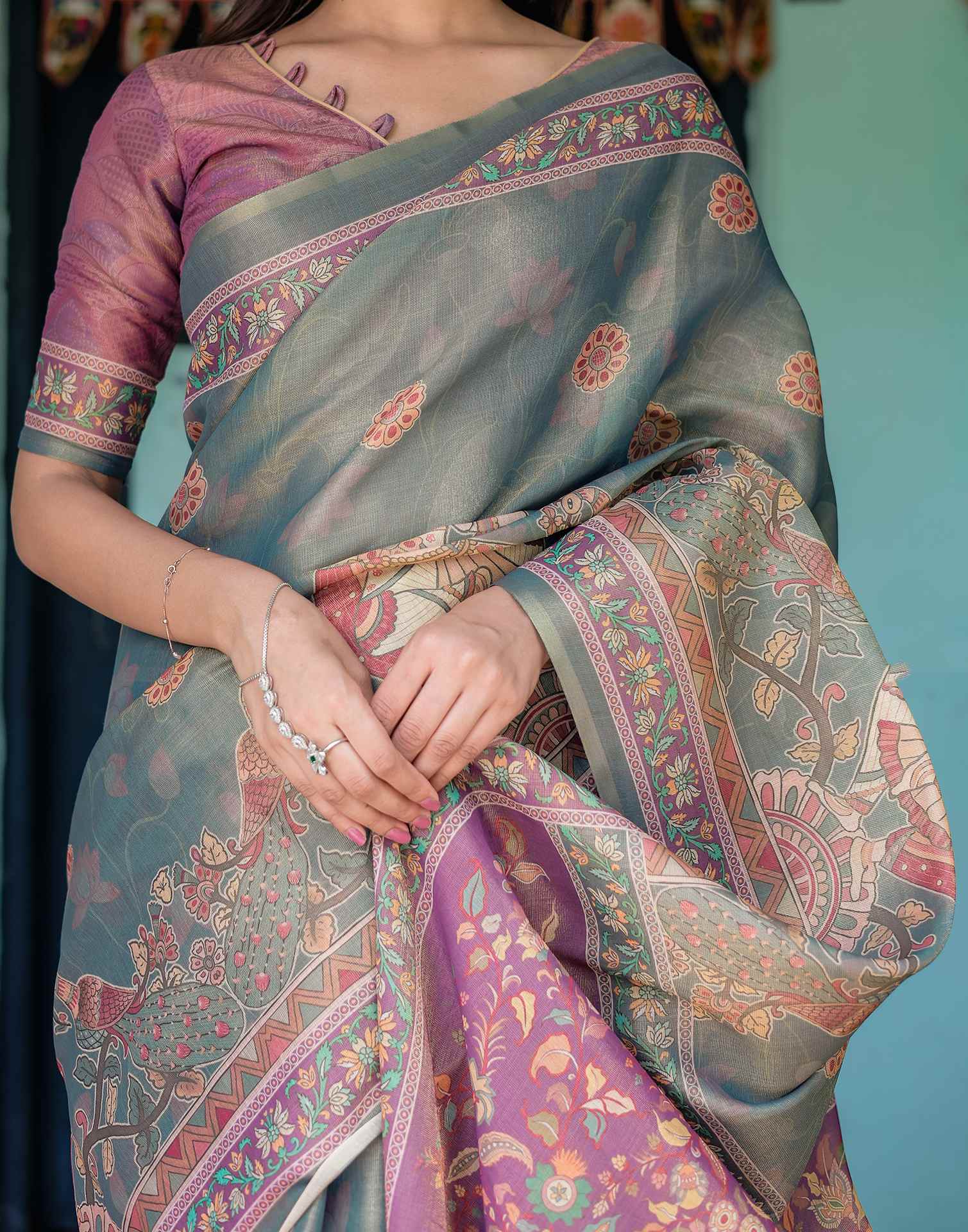 Teal Blue Shimmer Silk Printed Kalamkari Saree