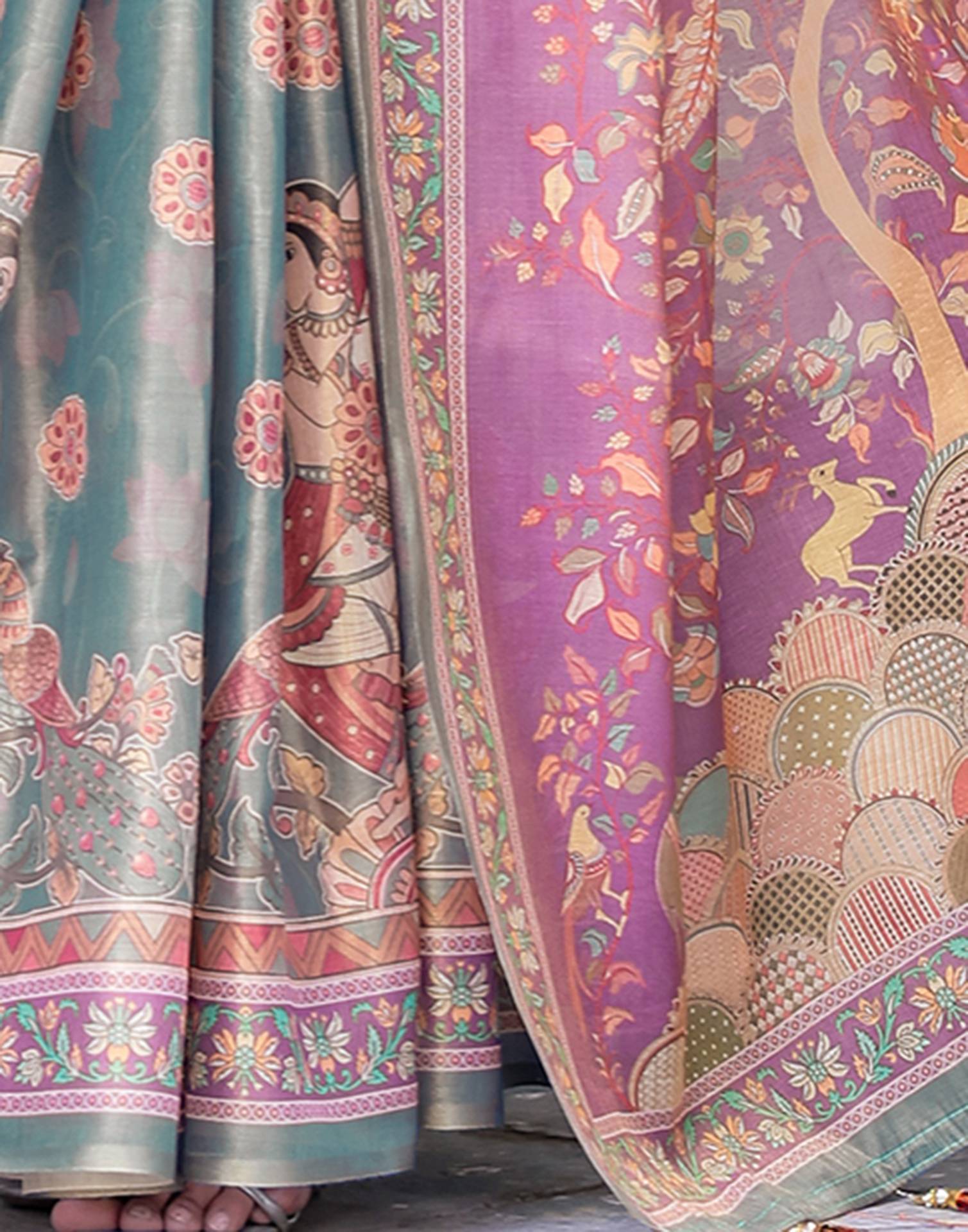 Teal Blue Shimmer Silk Printed Kalamkari Saree