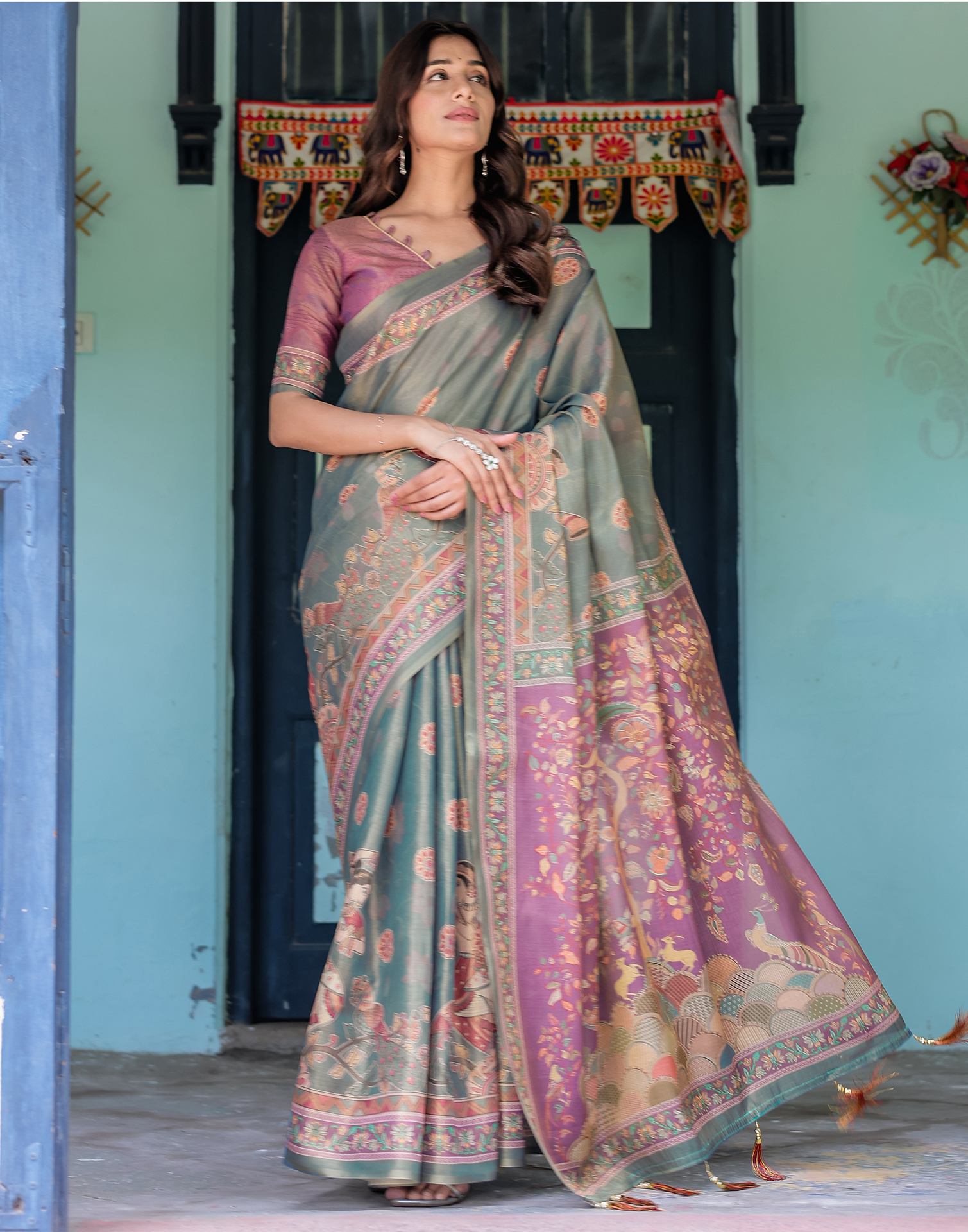 Teal Blue Shimmer Silk Printed Kalamkari Saree