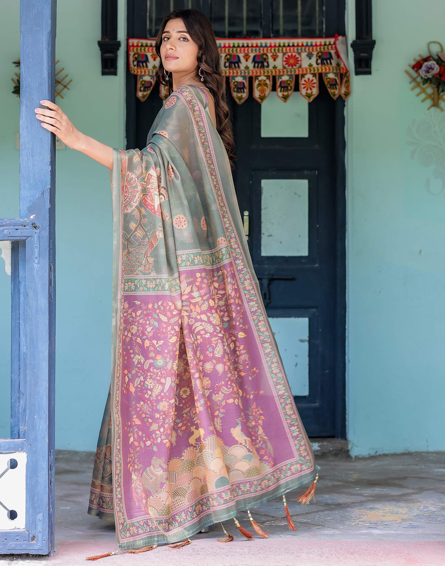 Teal Blue Shimmer Silk Printed Kalamkari Saree