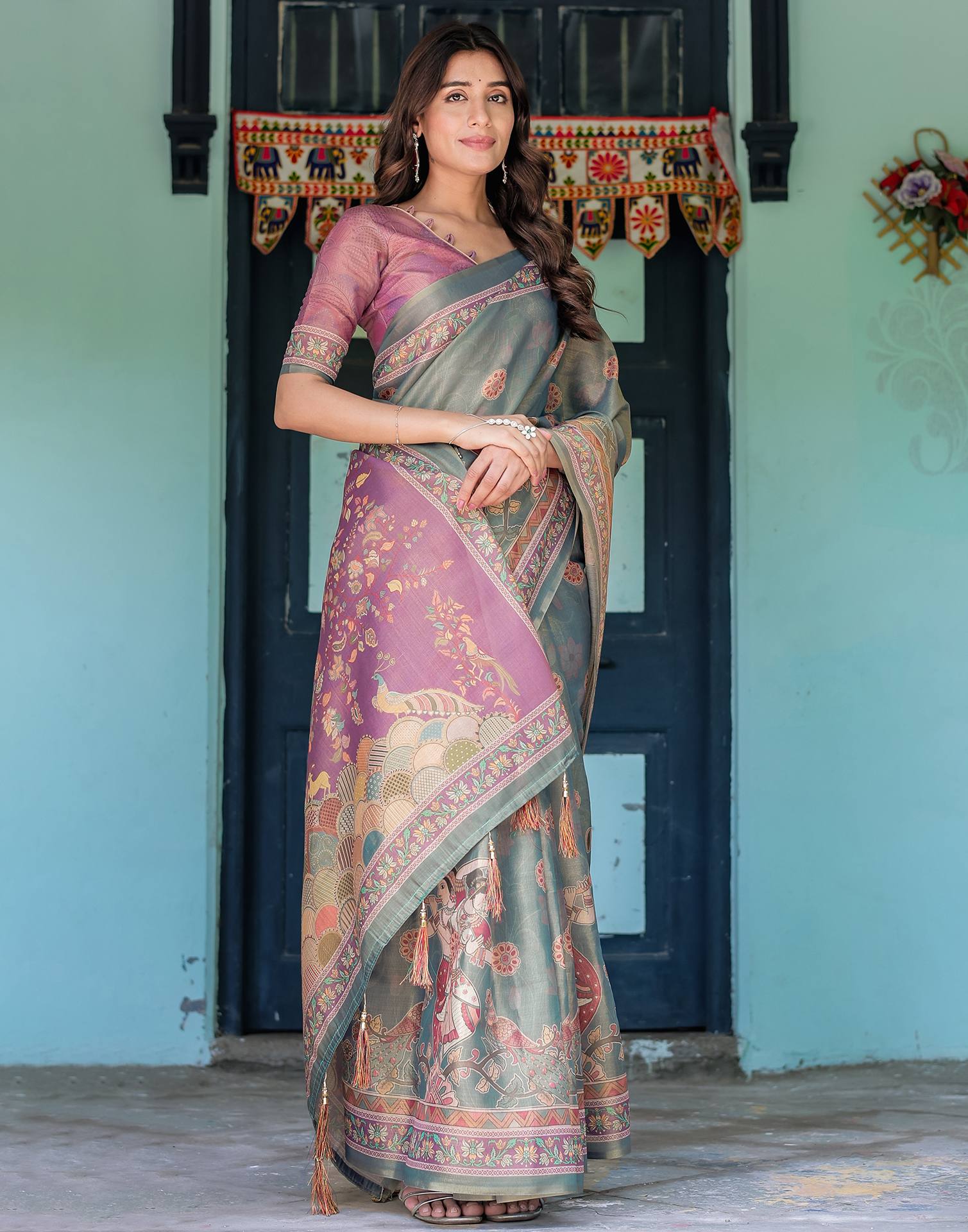 Teal Blue Shimmer Silk Printed Kalamkari Saree