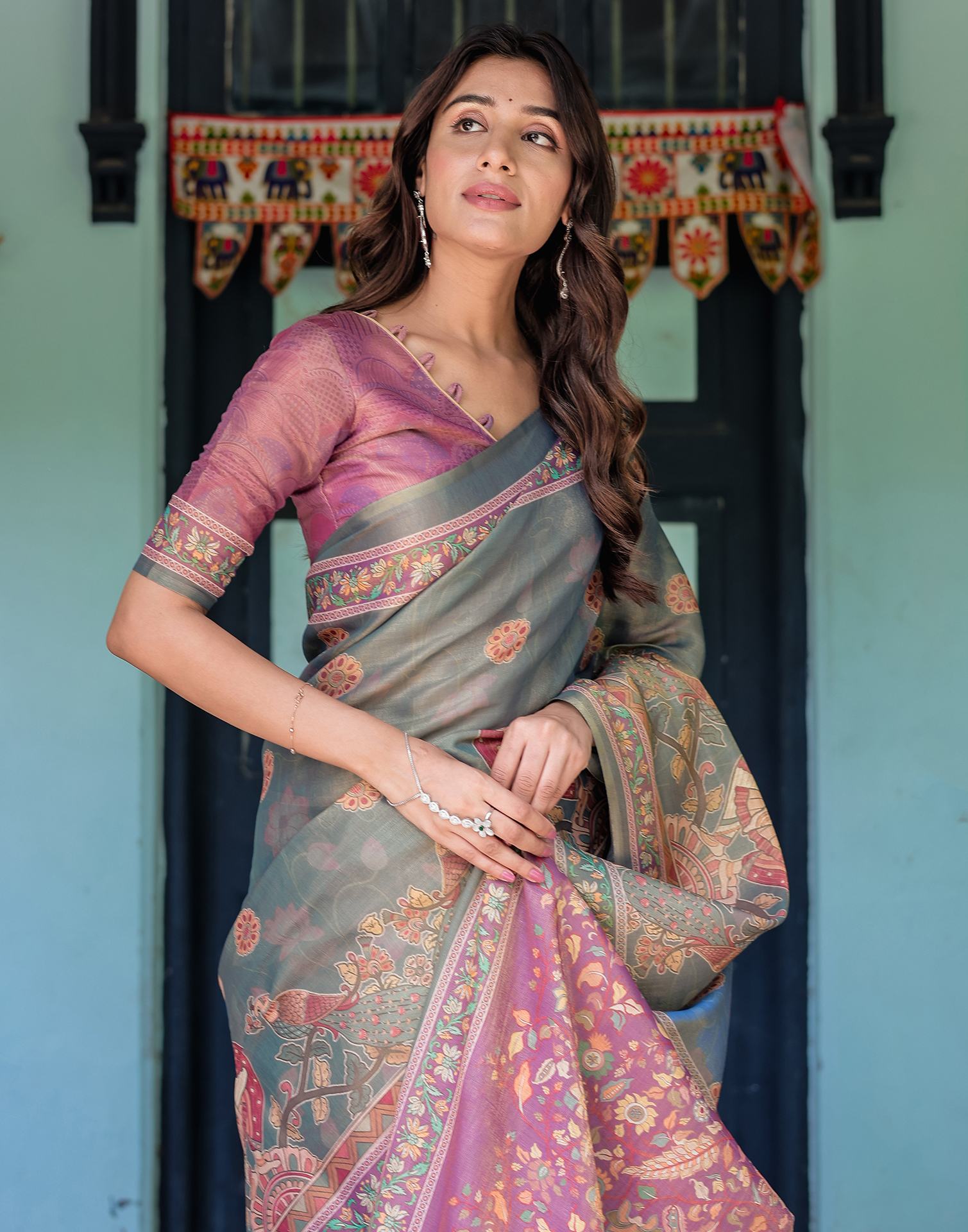 Teal Blue Shimmer Silk Printed Kalamkari Saree