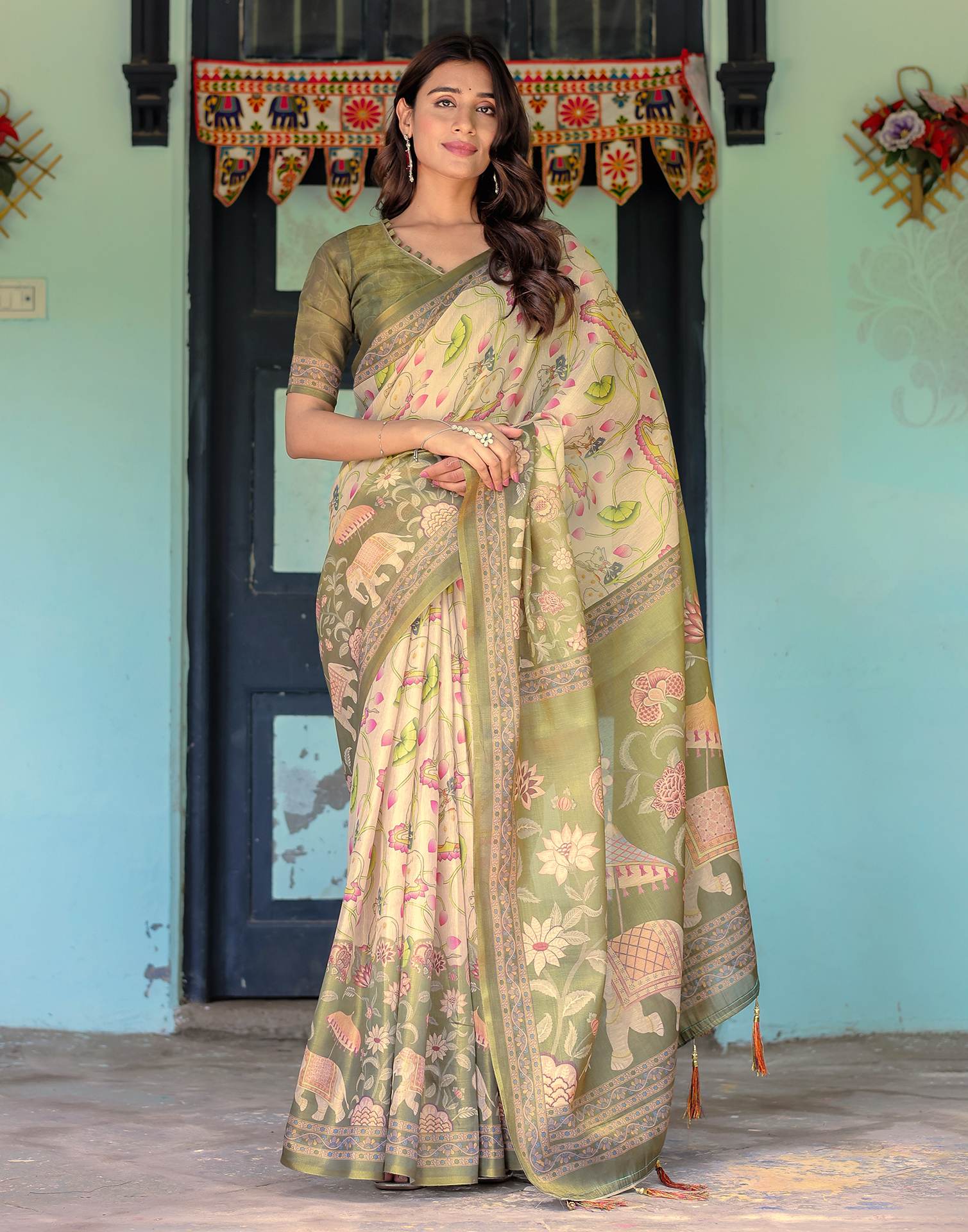 Beige Shimmer Silk Printed Kalamkari Saree