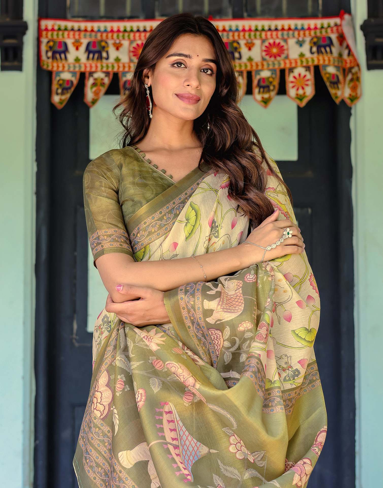 Beige Shimmer Silk Printed Kalamkari Saree