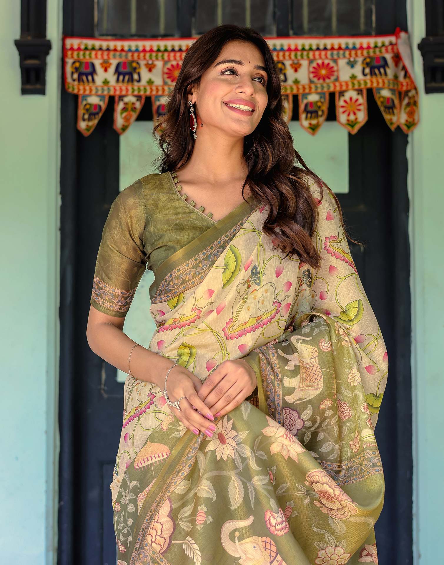 Beige Shimmer Silk Printed Kalamkari Saree