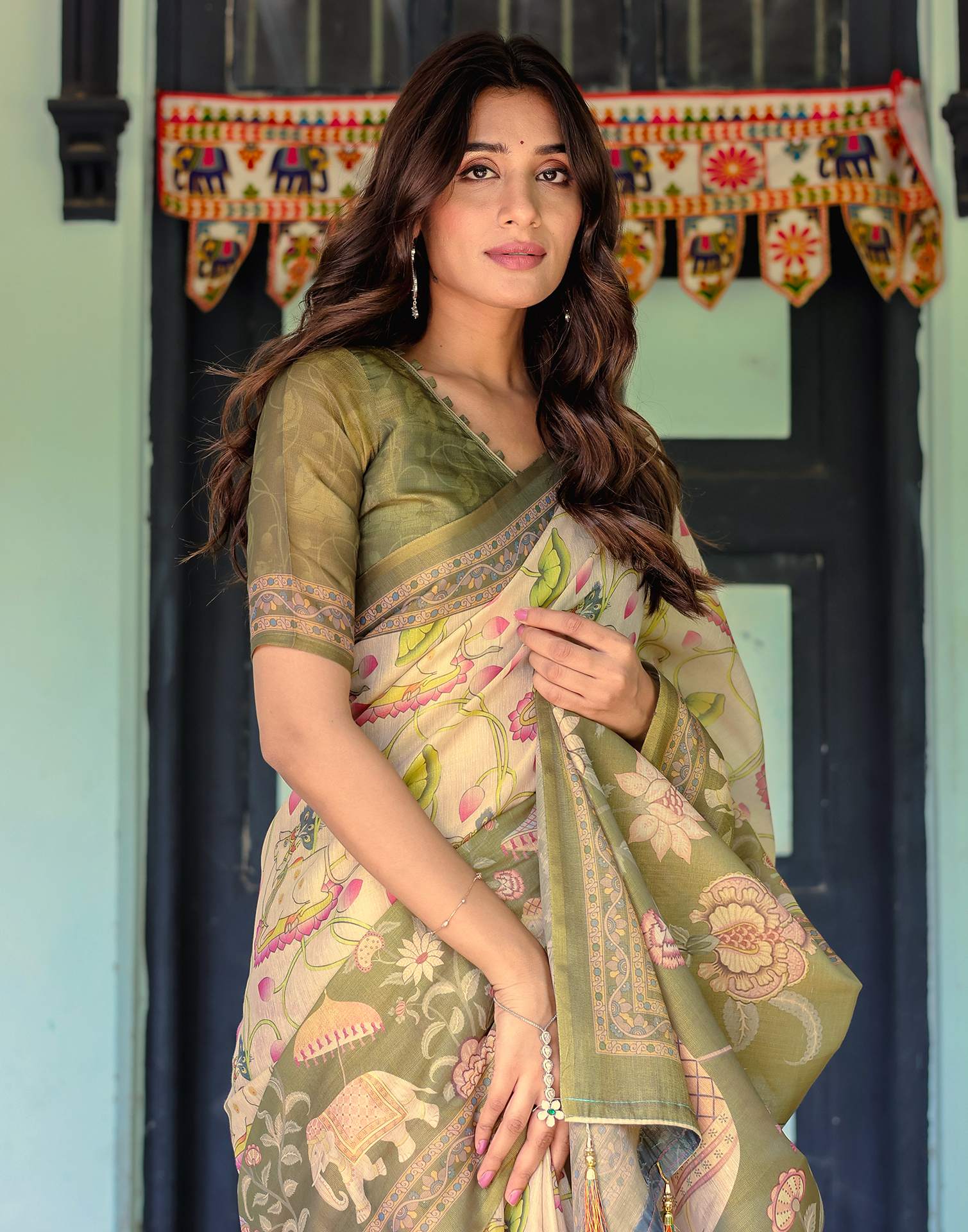Beige Shimmer Silk Printed Kalamkari Saree