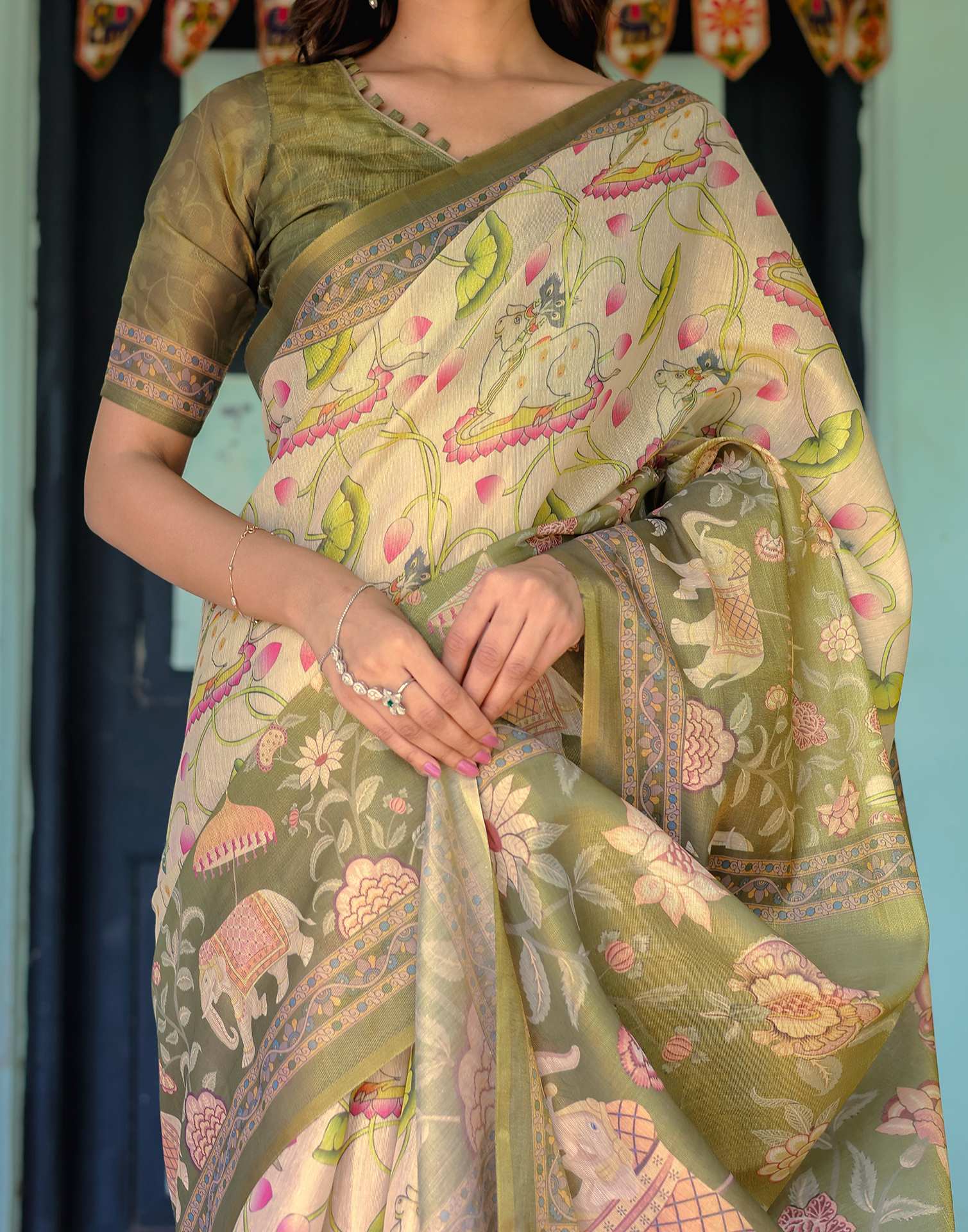 Beige Shimmer Silk Printed Kalamkari Saree