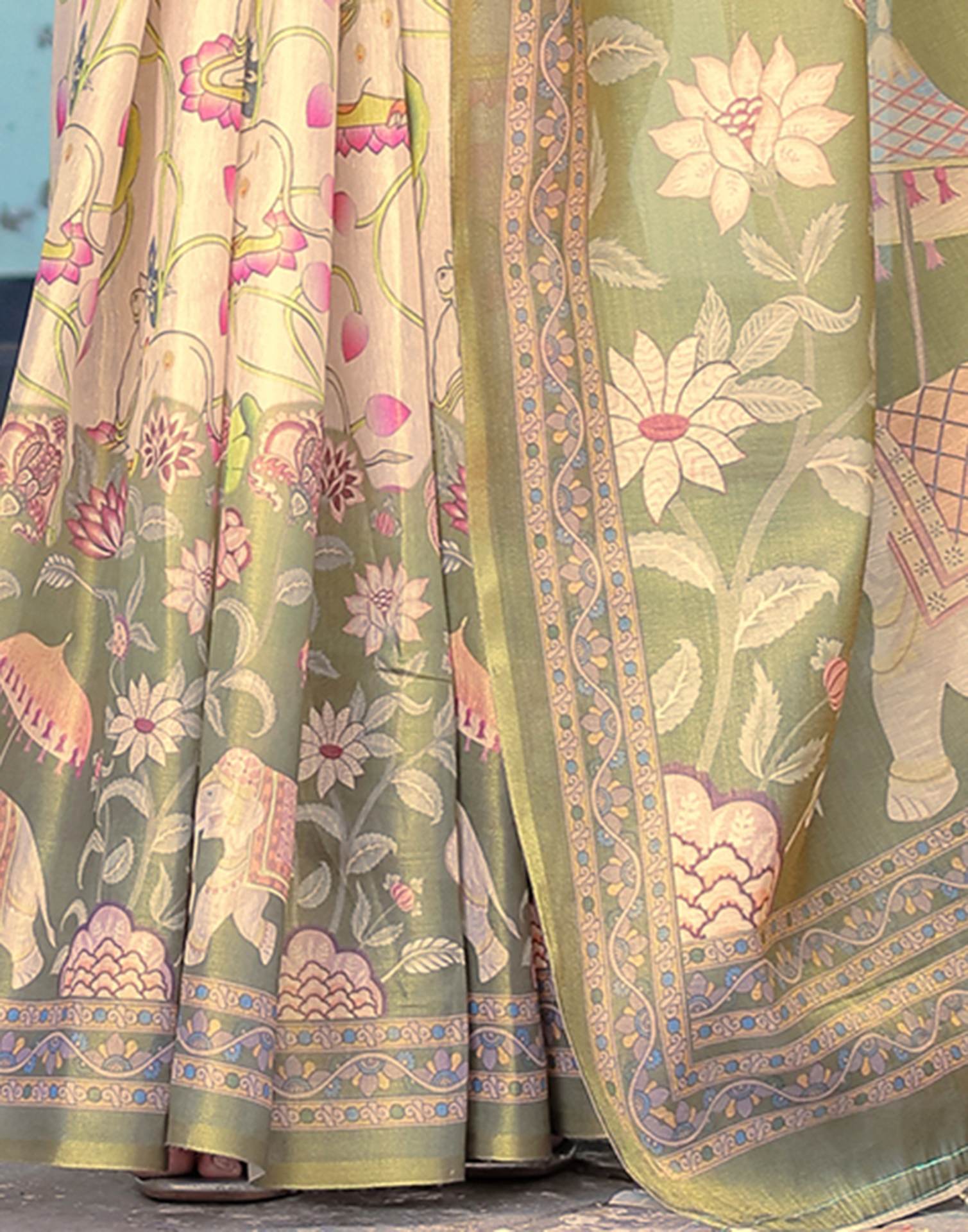 Beige Shimmer Silk Printed Kalamkari Saree