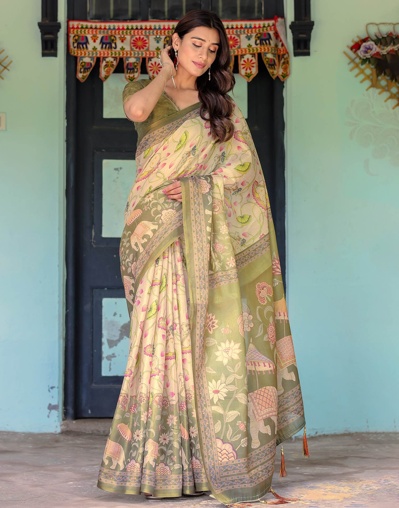 Beige Shimmer Silk Printed Kalamkari Saree