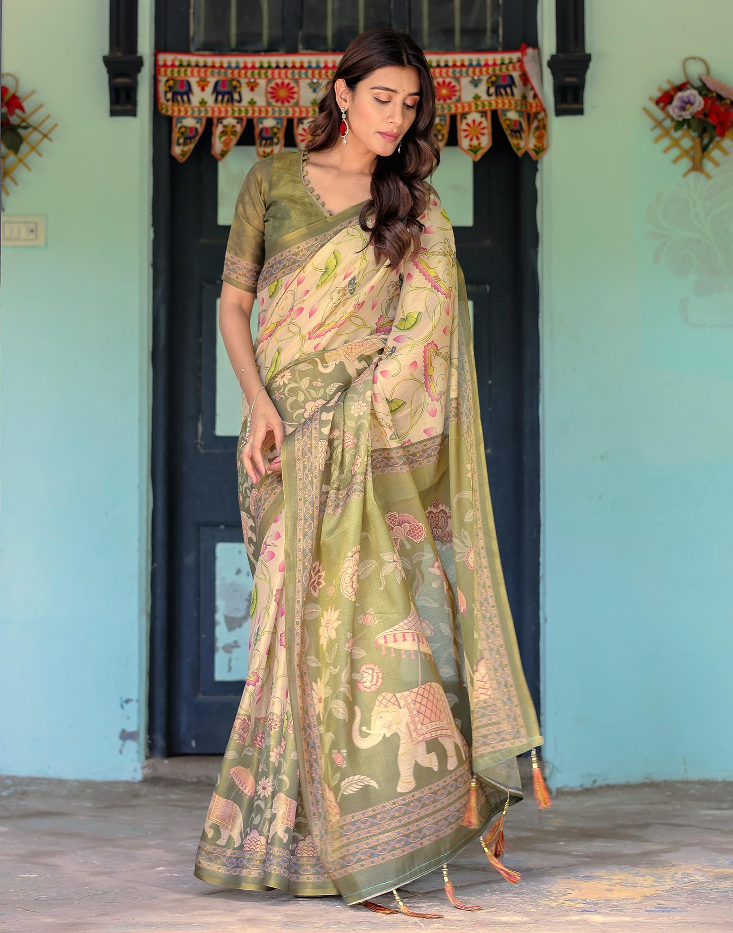 Beige Shimmer Silk Printed Kalamkari Saree