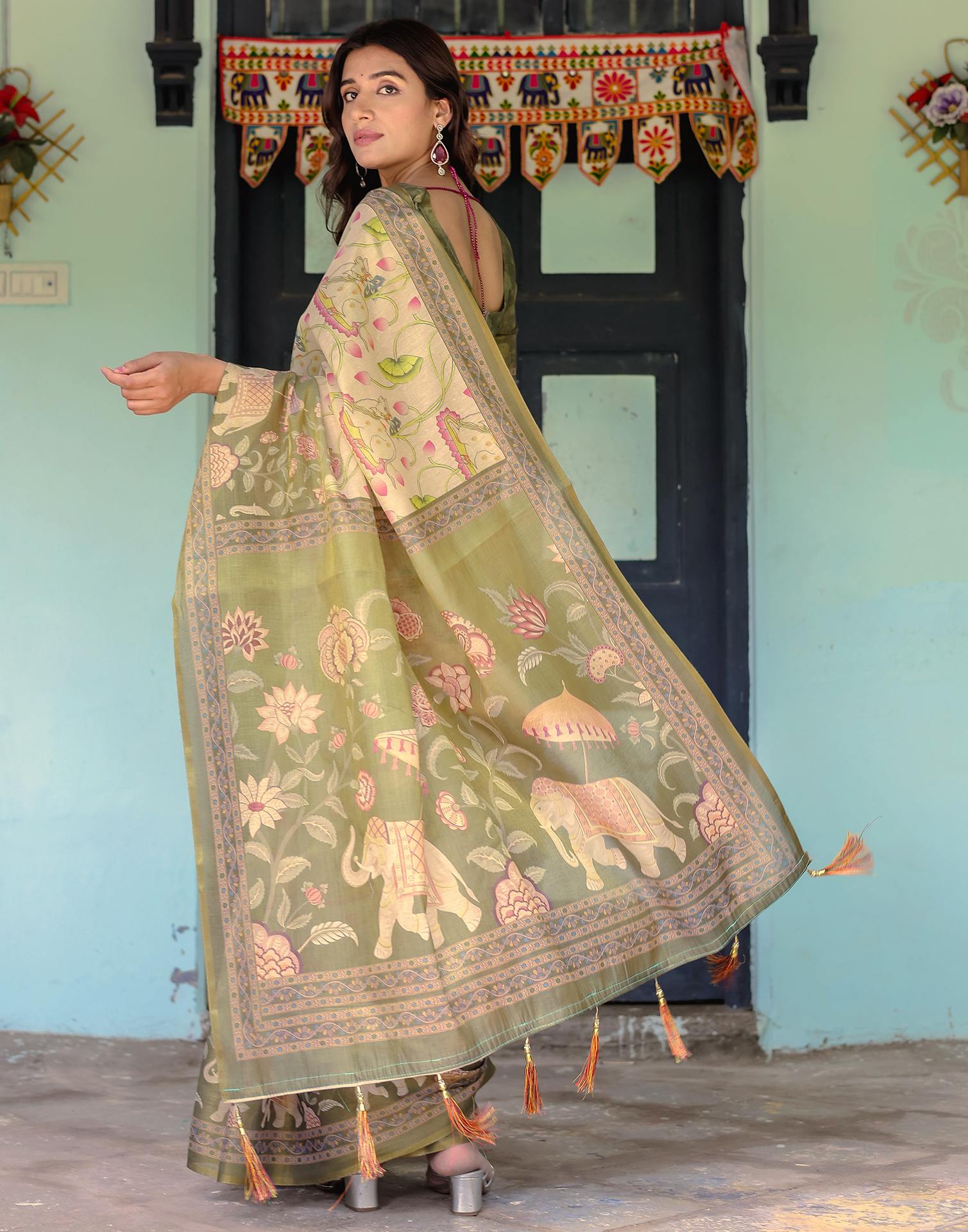 Beige Shimmer Silk Printed Kalamkari Saree