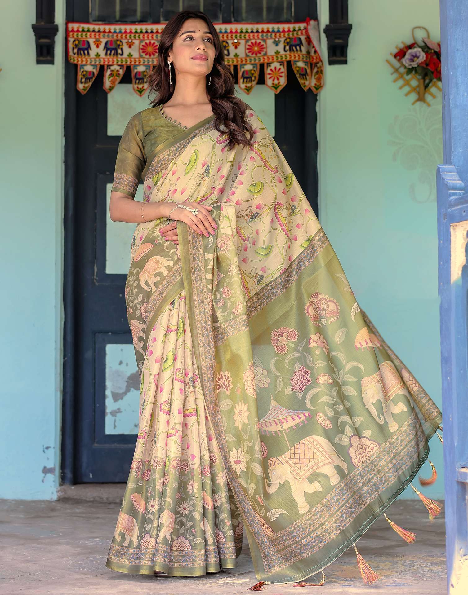 Beige Shimmer Silk Printed Kalamkari Saree