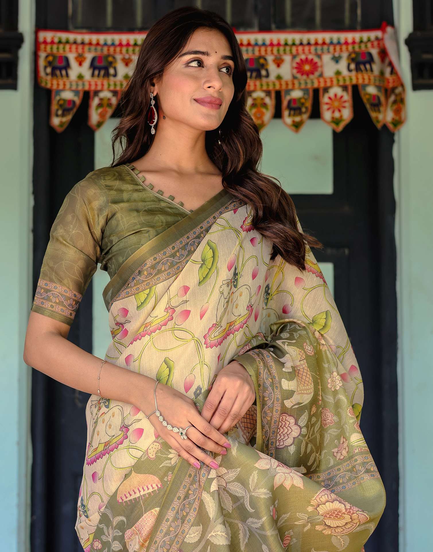 Beige Shimmer Silk Printed Kalamkari Saree