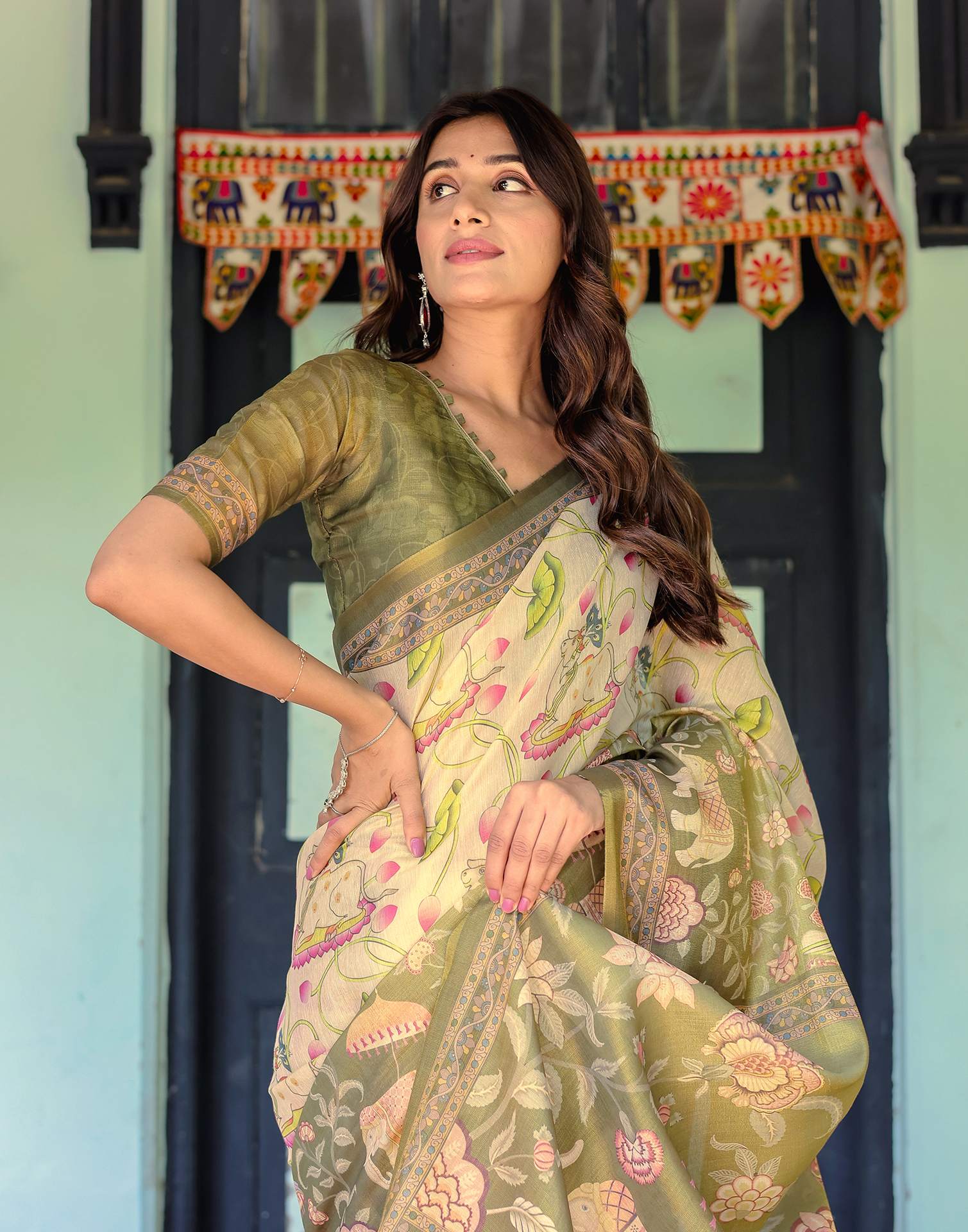 Beige Shimmer Silk Printed Kalamkari Saree