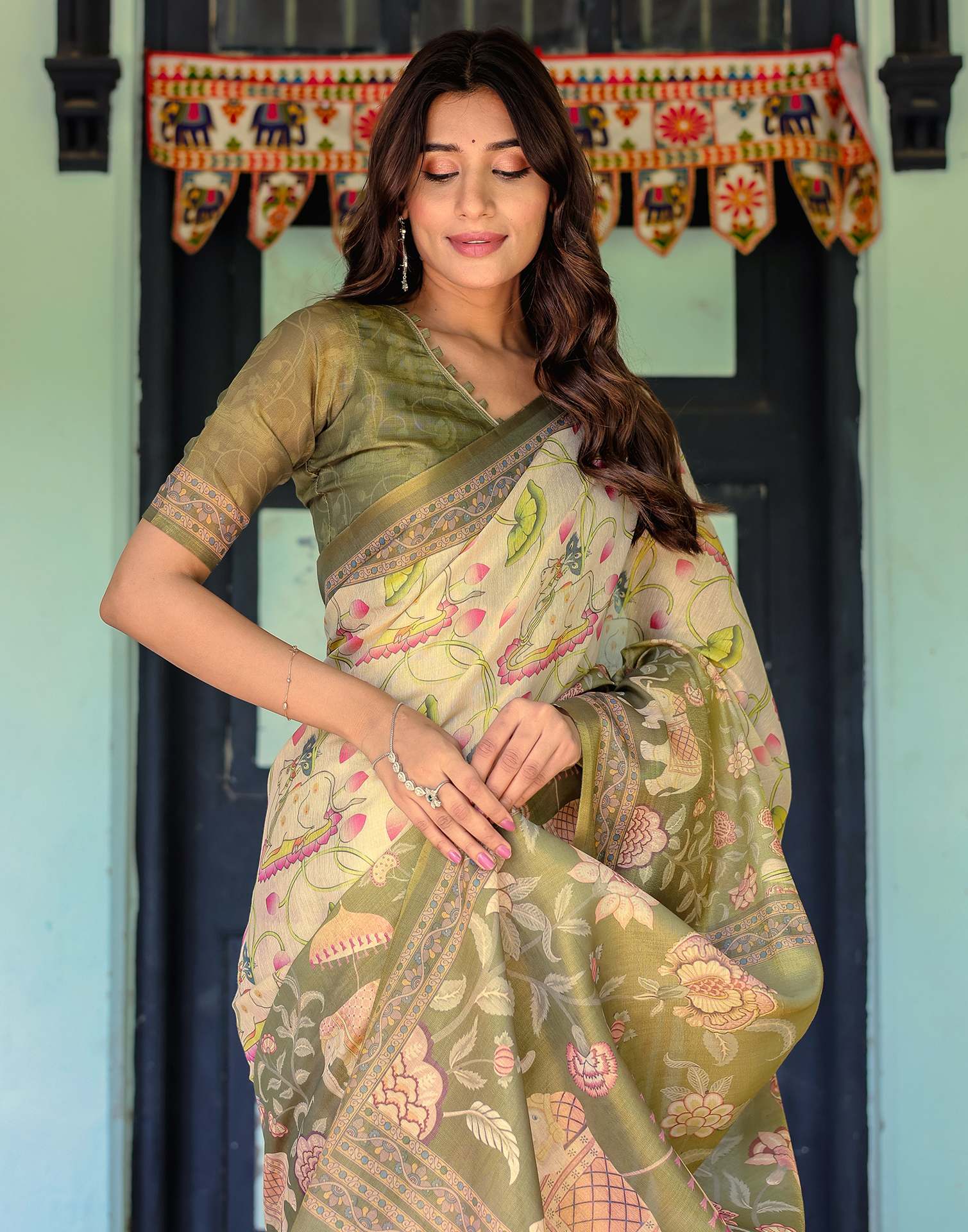 Beige Shimmer Silk Printed Kalamkari Saree
