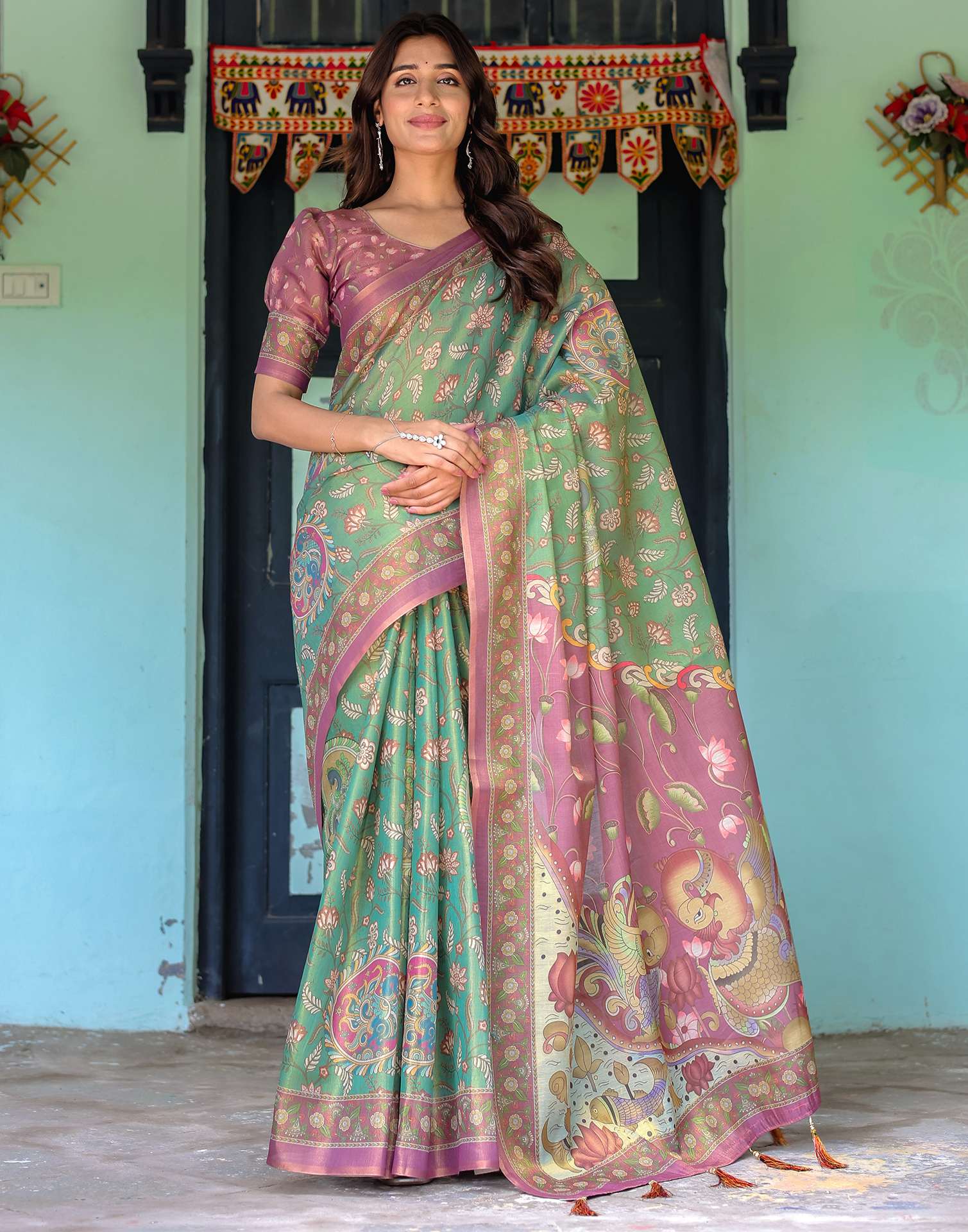 Green Shimmer Silk Printed Saree