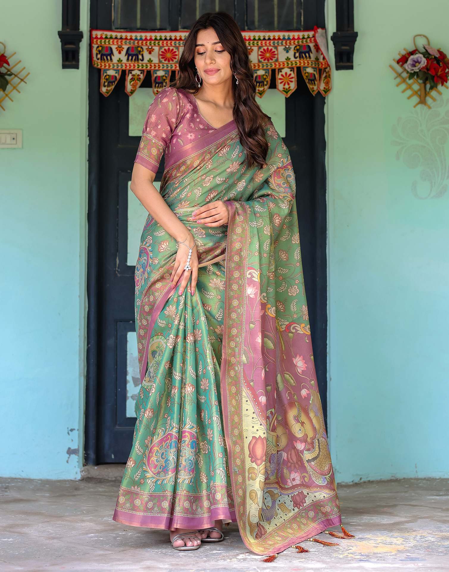 Green Shimmer Silk Printed Saree