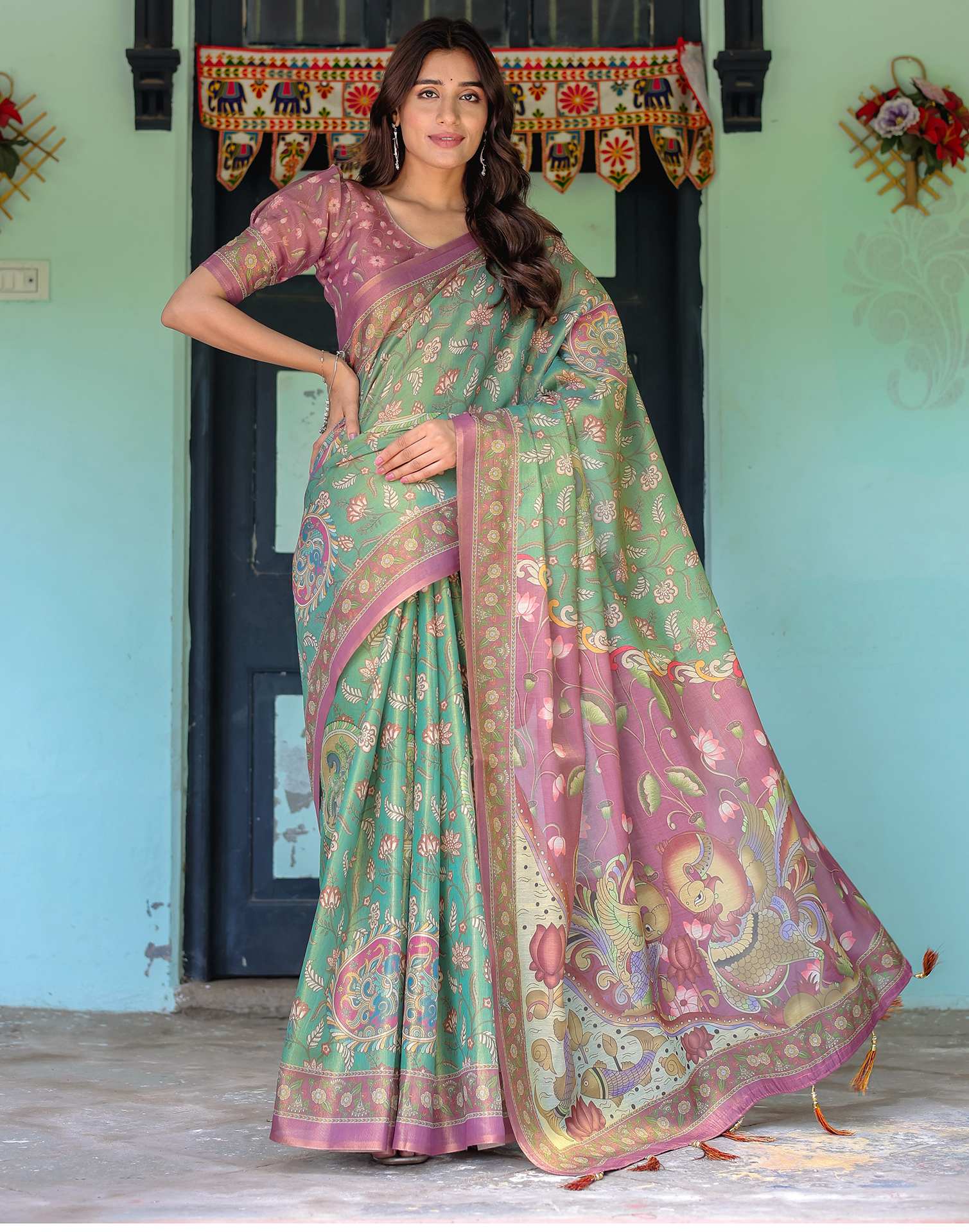 Green Shimmer Silk Printed Saree