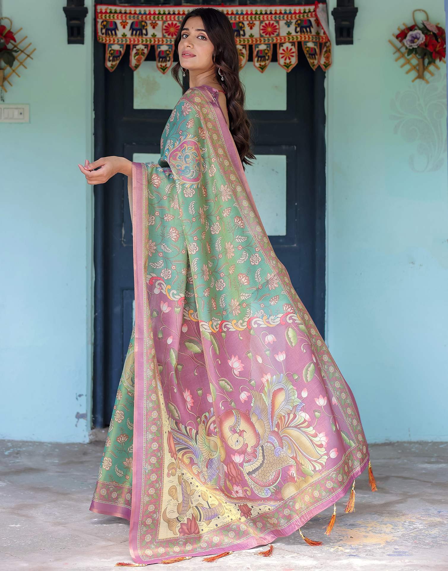 Green Shimmer Silk Printed Saree