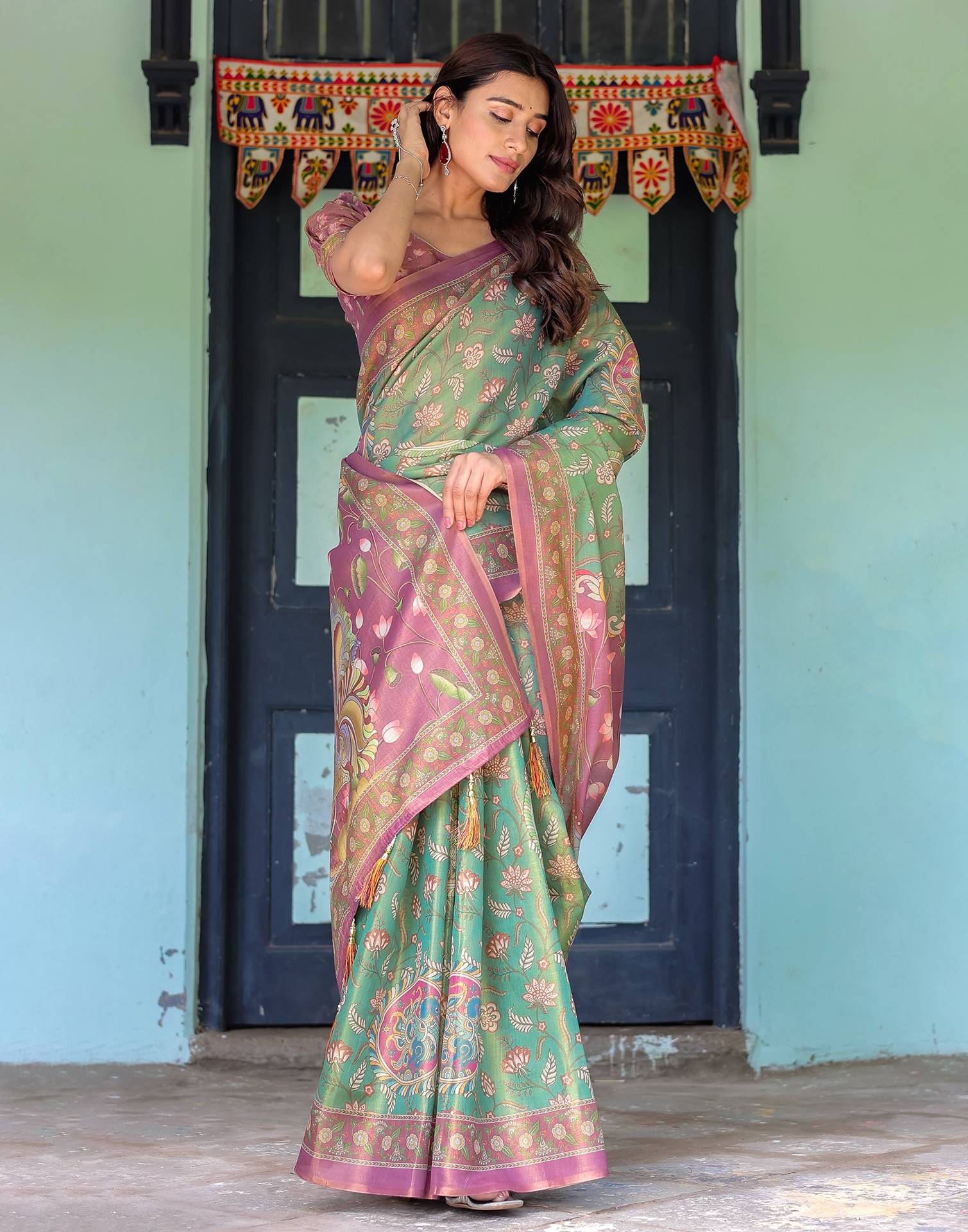 Green Shimmer Silk Printed Saree