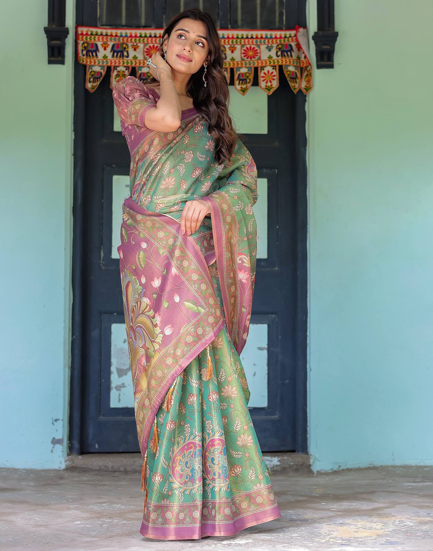 Green Shimmer Silk Printed Saree