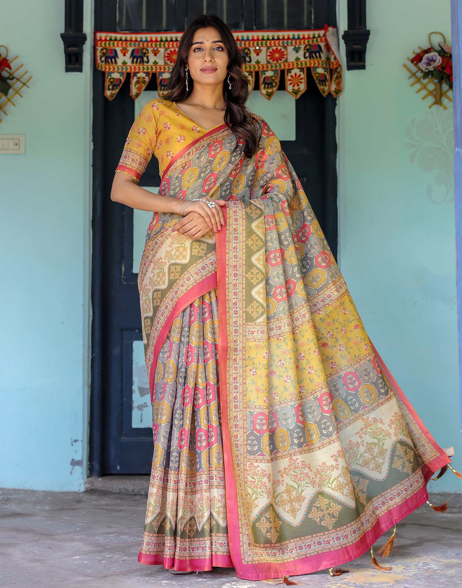 Yellow Shimmer Silk Printed Saree