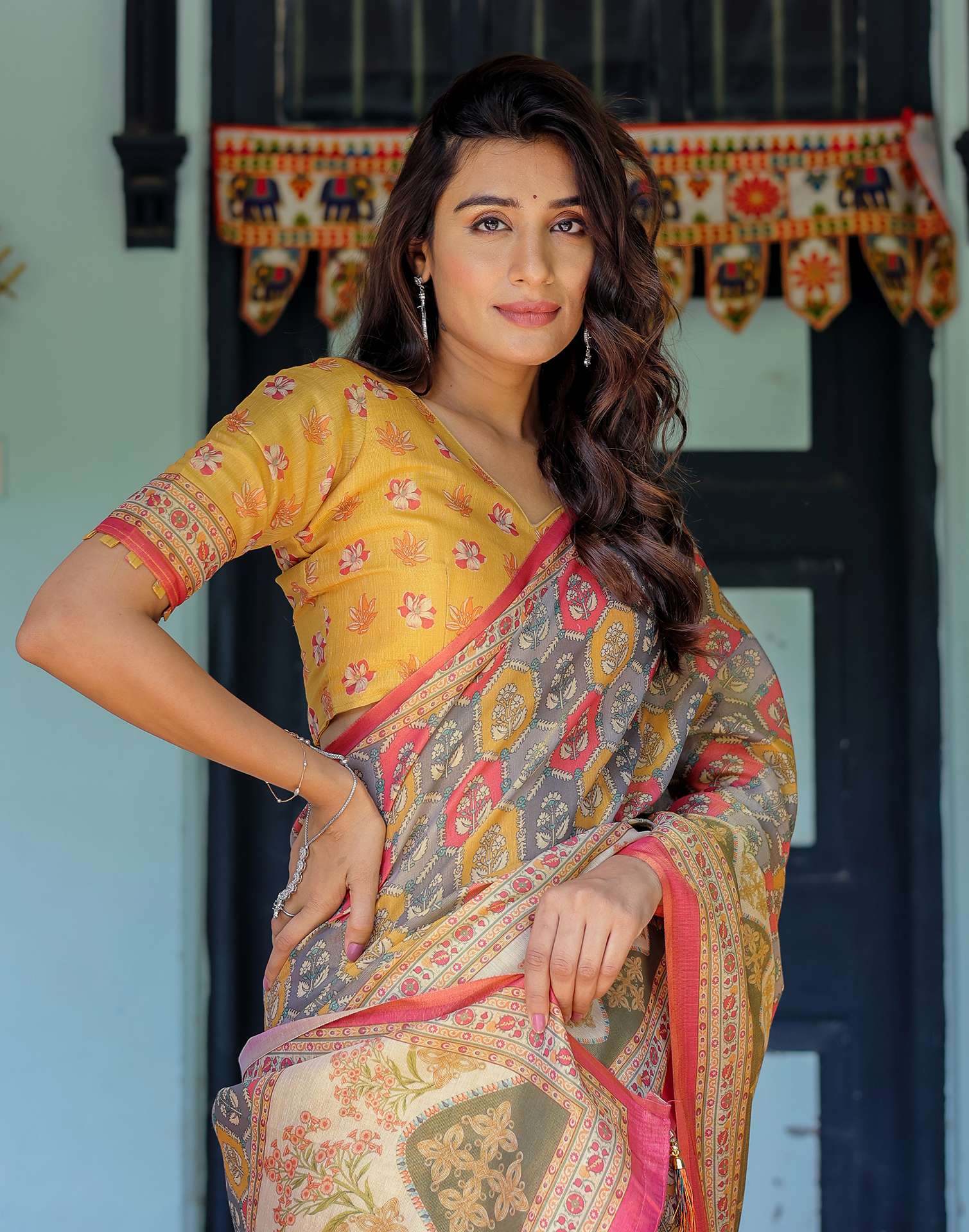 Yellow Shimmer Silk Printed Saree