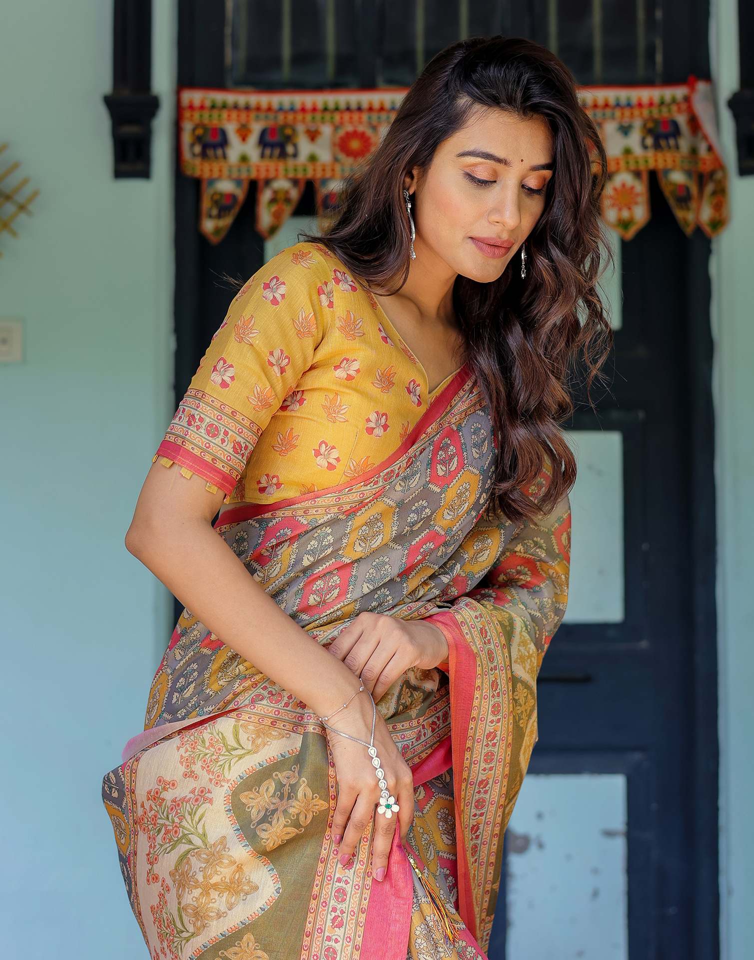 Yellow Shimmer Silk Printed Saree