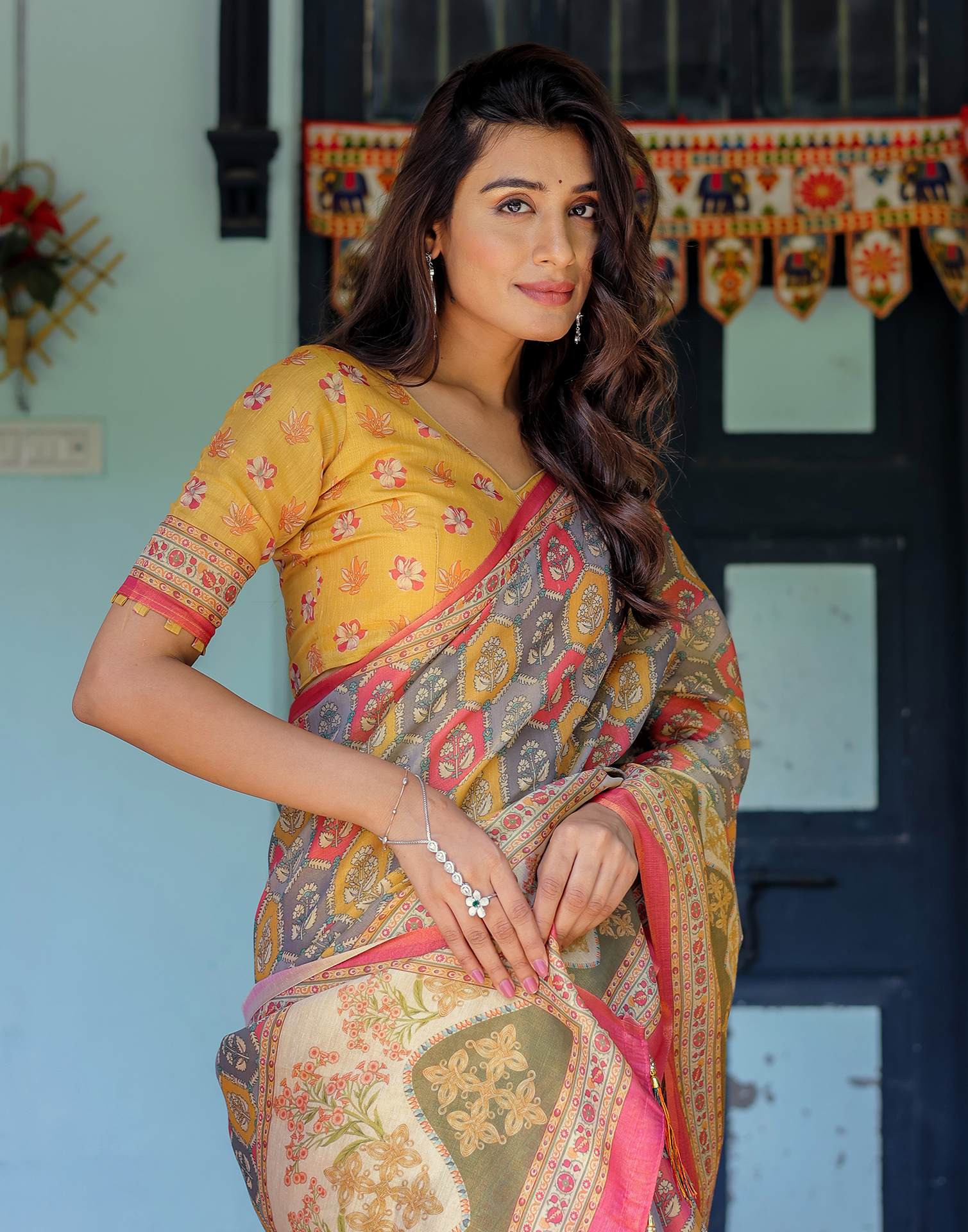 Yellow Shimmer Silk Printed Saree