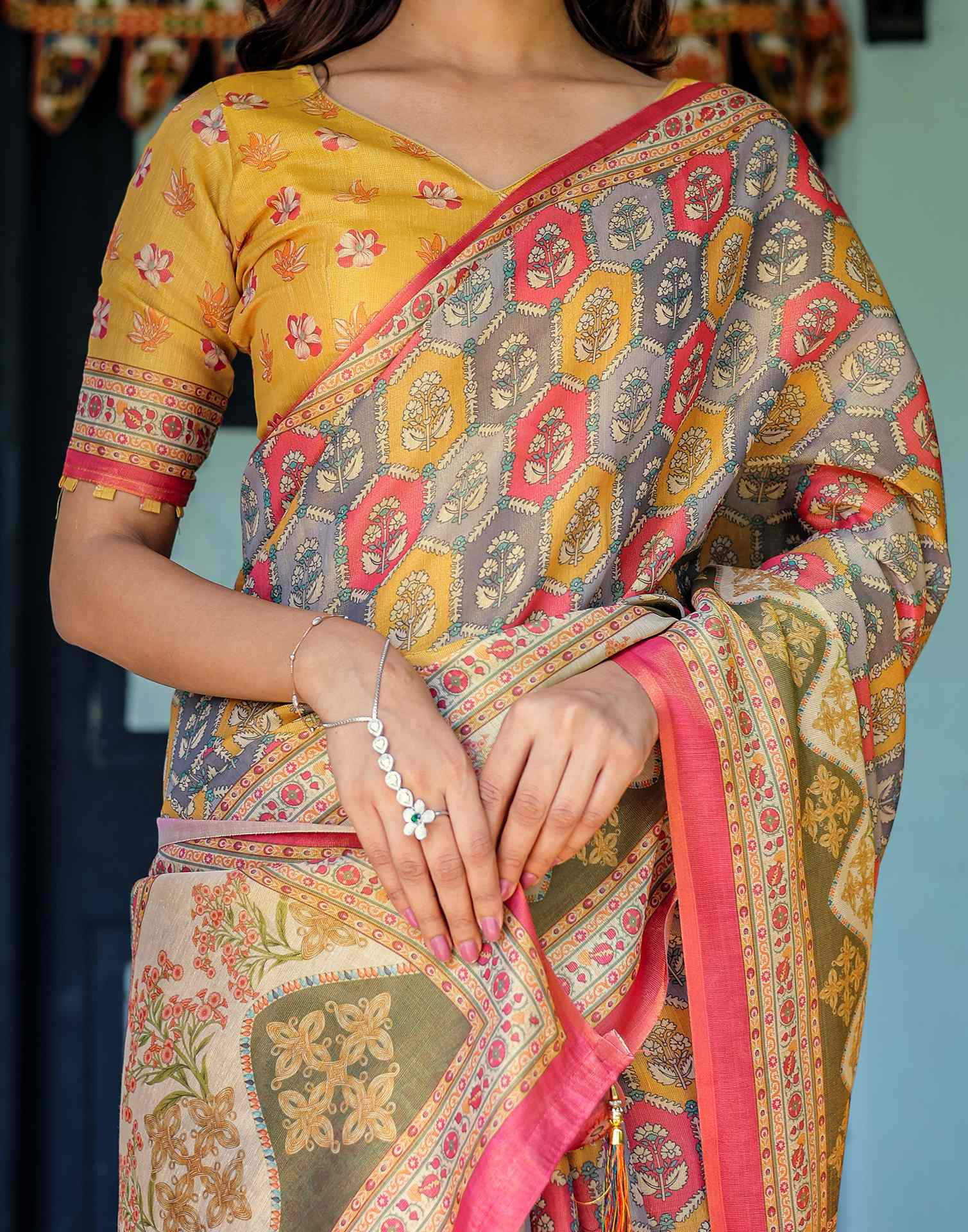 Yellow Shimmer Silk Printed Saree